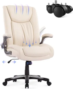 COLAMY High Back Executive Office Chair 400lbs, Large Heavy Duty Big and Tall Computer Office Desk Chair Flip-up Arms Wide Thick Seat for Home Office - Ivory