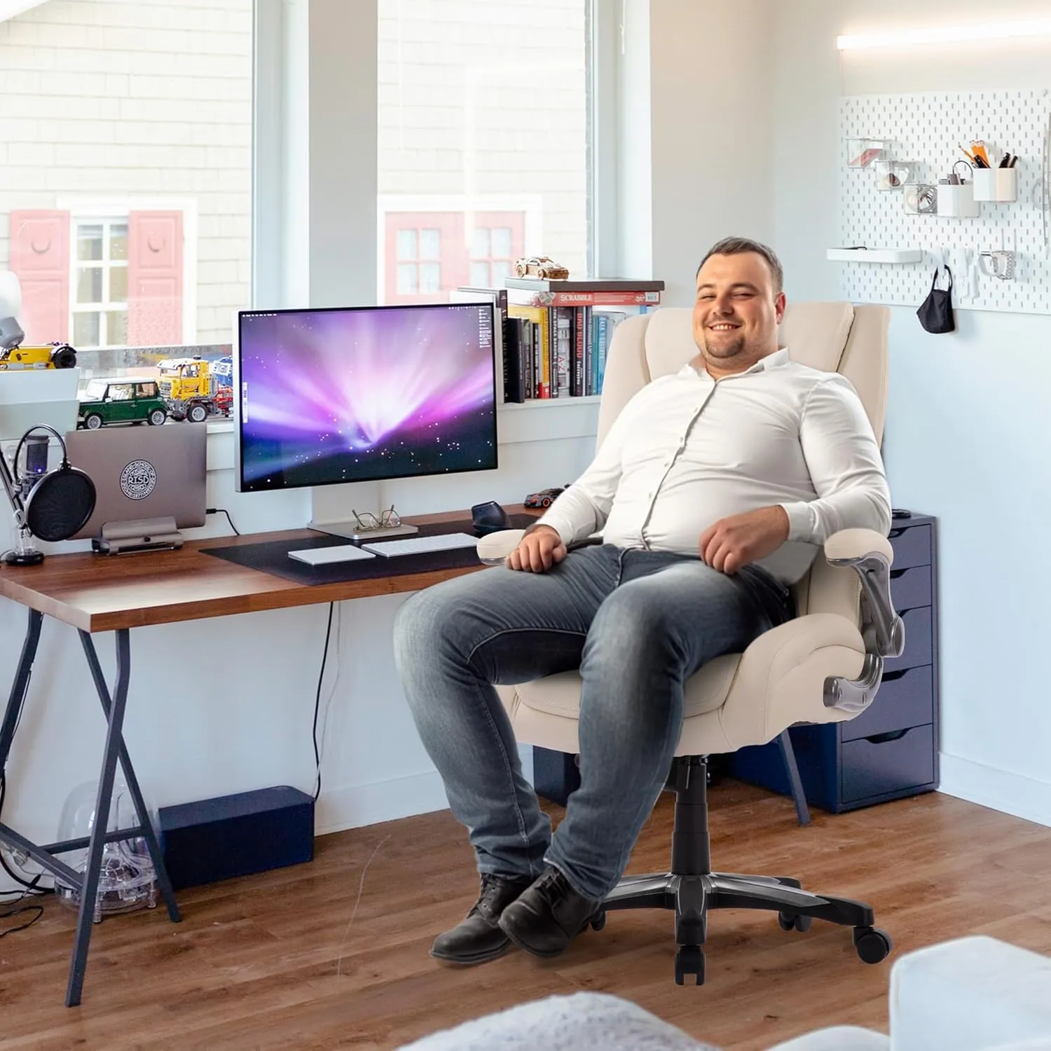 COLAMY High Back Executive Office Chair 400lbs, Large Heavy Duty Big and Tall Computer Office Desk Chair Flip-up Arms Wide Thick Seat for Home Office - Ivory