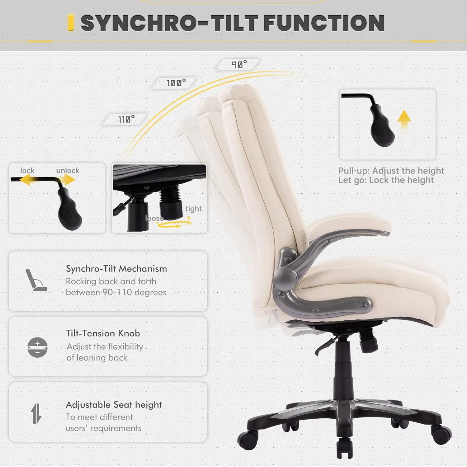 COLAMY High Back Executive Office Chair 400lbs, Large Heavy Duty Big and Tall Computer Office Desk Chair Flip-up Arms Wide Thick Seat for Home Office - Ivory