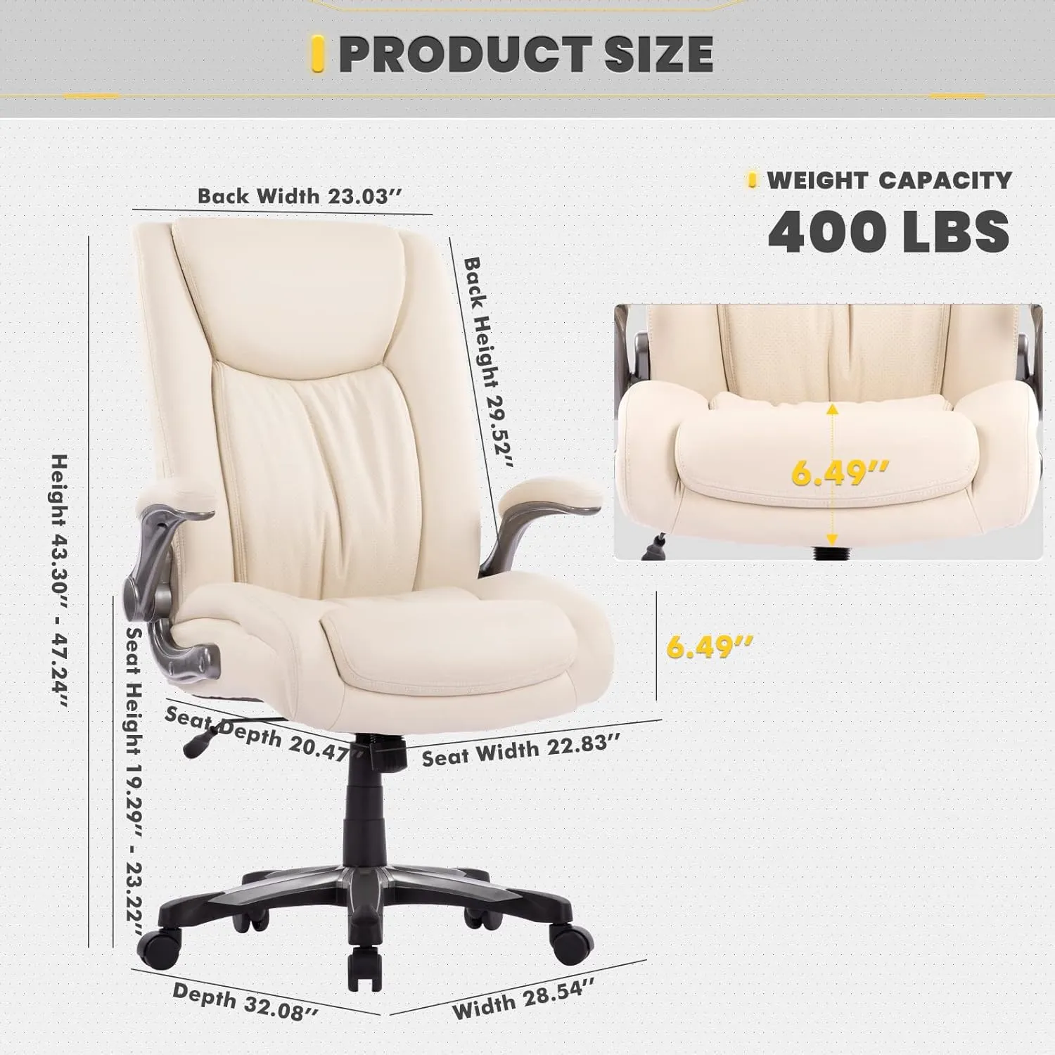 COLAMY High Back Executive Office Chair 400lbs, Large Heavy Duty Big and Tall Computer Office Desk Chair Flip-up Arms Wide Thick Seat for Home Office - Ivory
