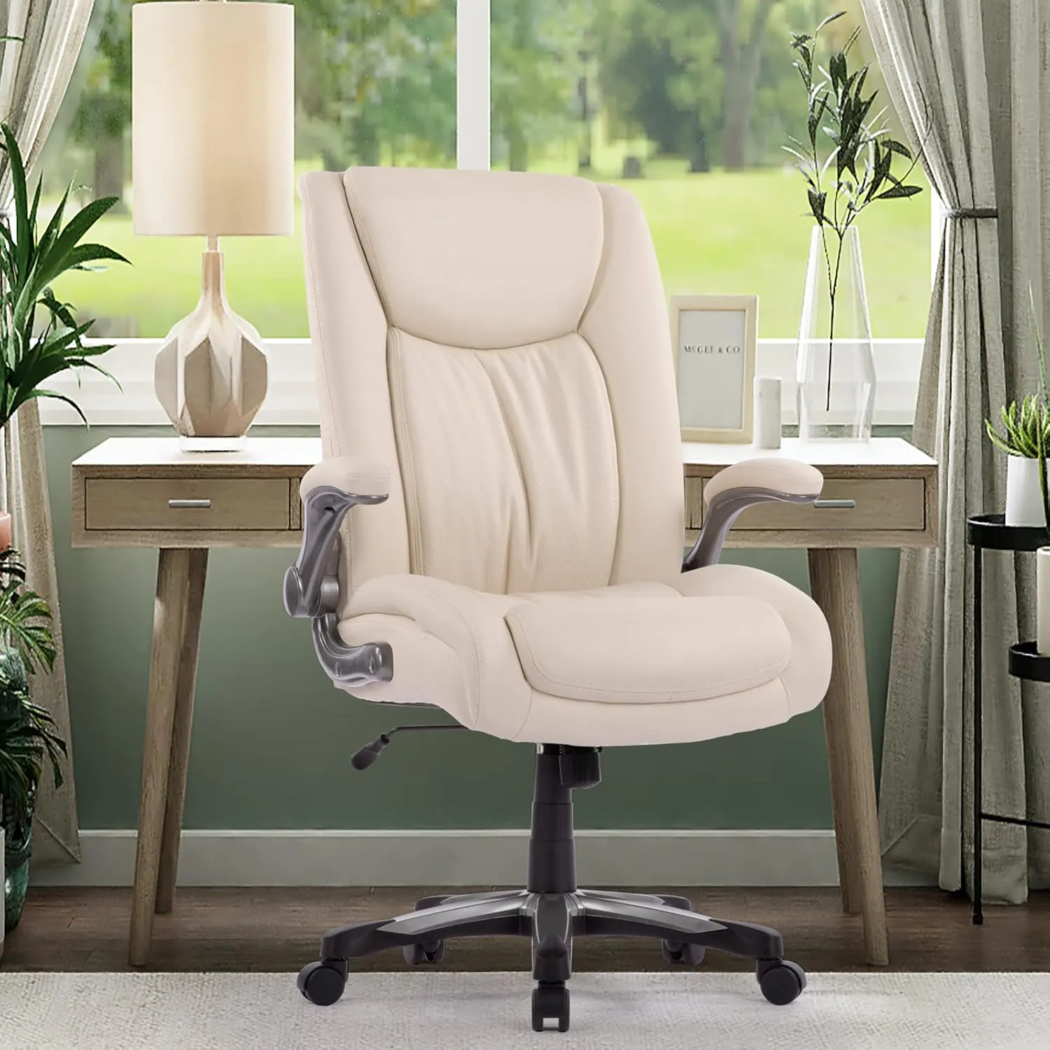 COLAMY High Back Executive Office Chair 400lbs, Large Heavy Duty Big and Tall Computer Office Desk Chair Flip-up Arms Wide Thick Seat for Home Office - Ivory
