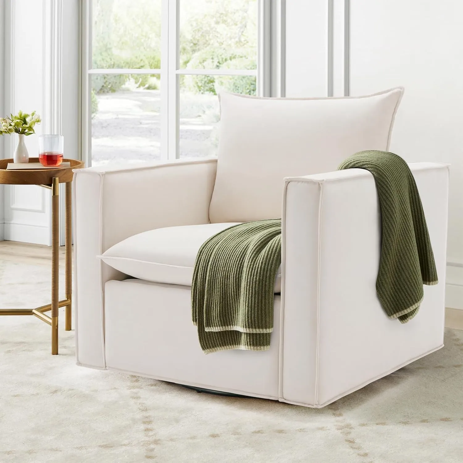 COLAMY Swivel Accent Chair Set of 2, Upholstered Arm Chair with Plump Back Pillow, Round Swivel Barrel Modern Sofa Chair for Living Room/Bedroom