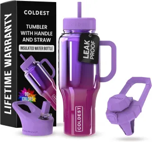 Coldest 40 oz Tumbler with Handle and Straw - 100% Spill Proof Tumbler with Straw (3 Lids) - Stainless Steel Insulated Leakproof Tumblers for Women & Men - Cup Holder Friendly - 36 oz (Candy Nova)