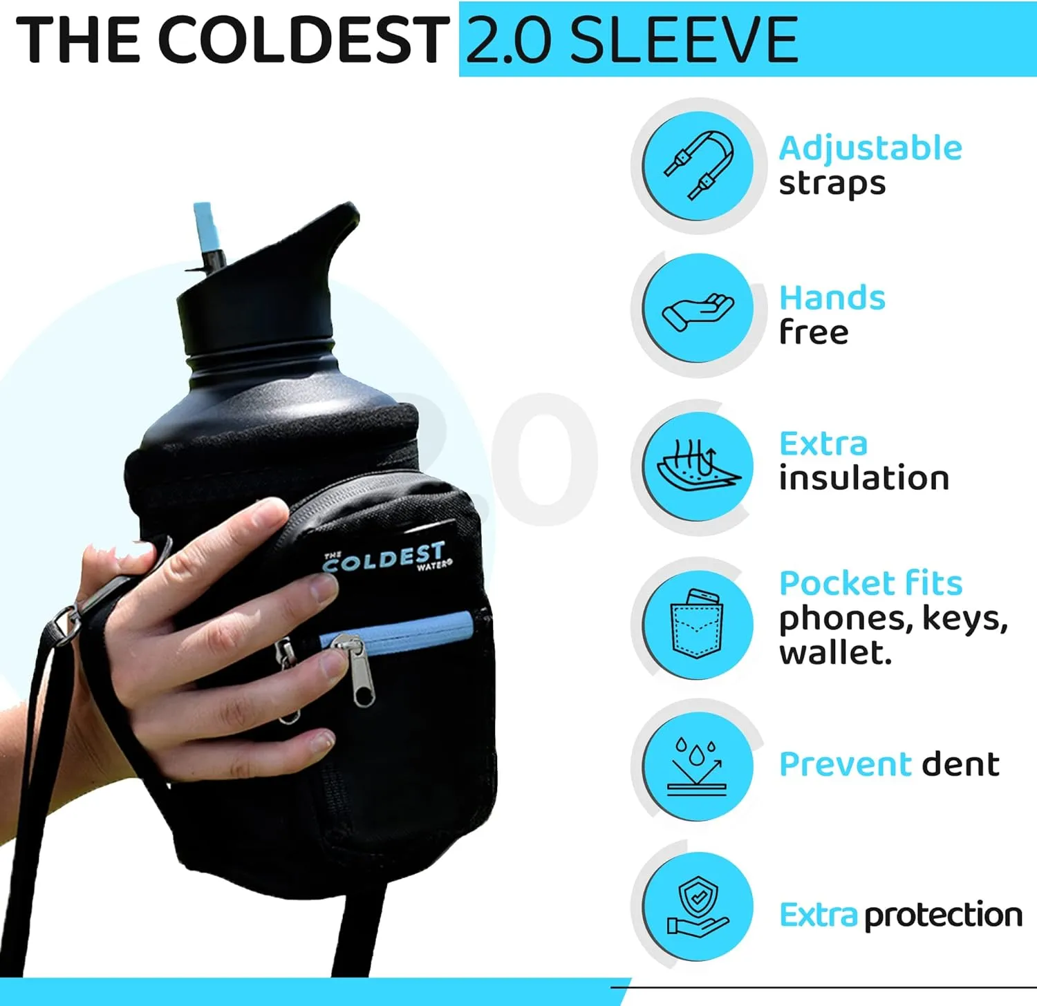 Coldest Water Bottle Carrier Bag with Adjustable Straps - Travel Friendly, Dent Free Design & Extra Phone Pocket, Holder Case Pouch Sleeve Cover Fits Insulated Stainless Steel Water Bottle (64 oz)