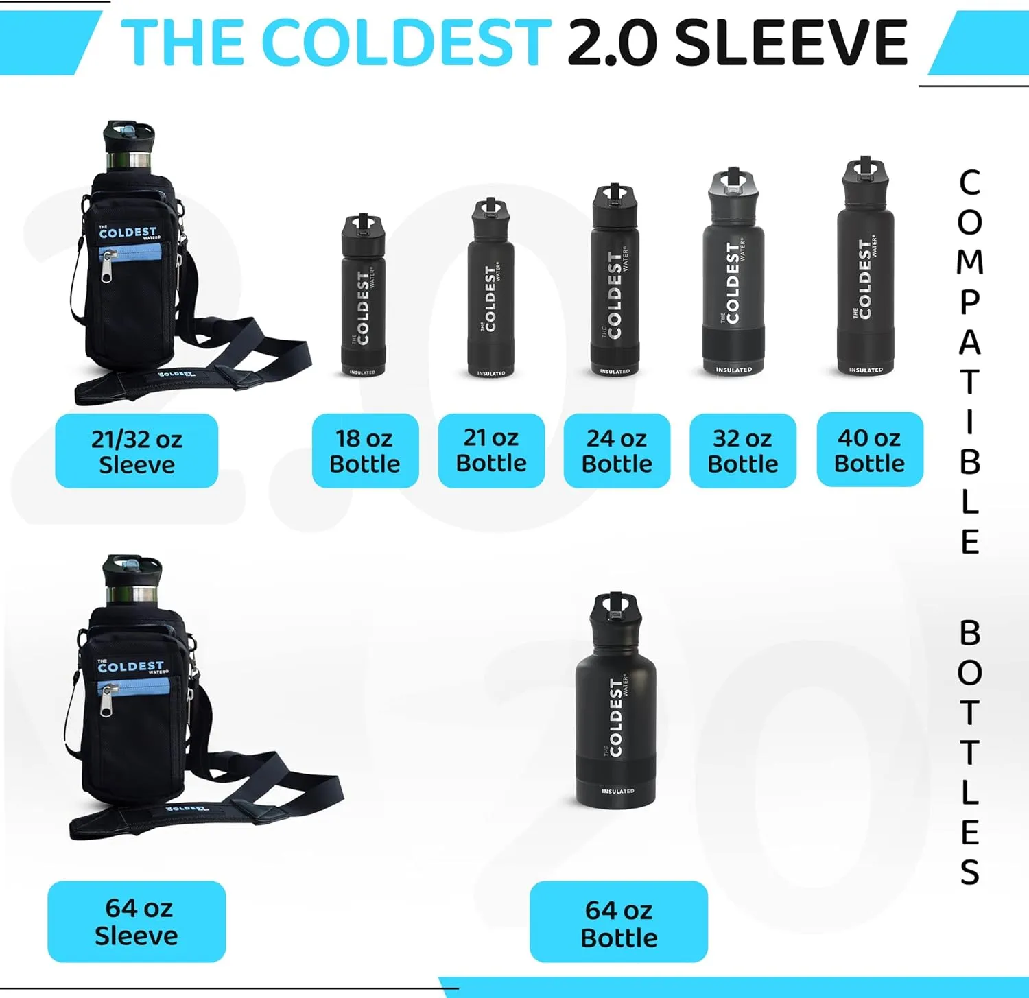 Coldest Water Bottle Carrier Bag with Adjustable Straps - Travel Friendly, Dent Free Design & Extra Phone Pocket, Holder Case Pouch Sleeve Cover Fits Insulated Stainless Steel Water Bottle (64 oz)
