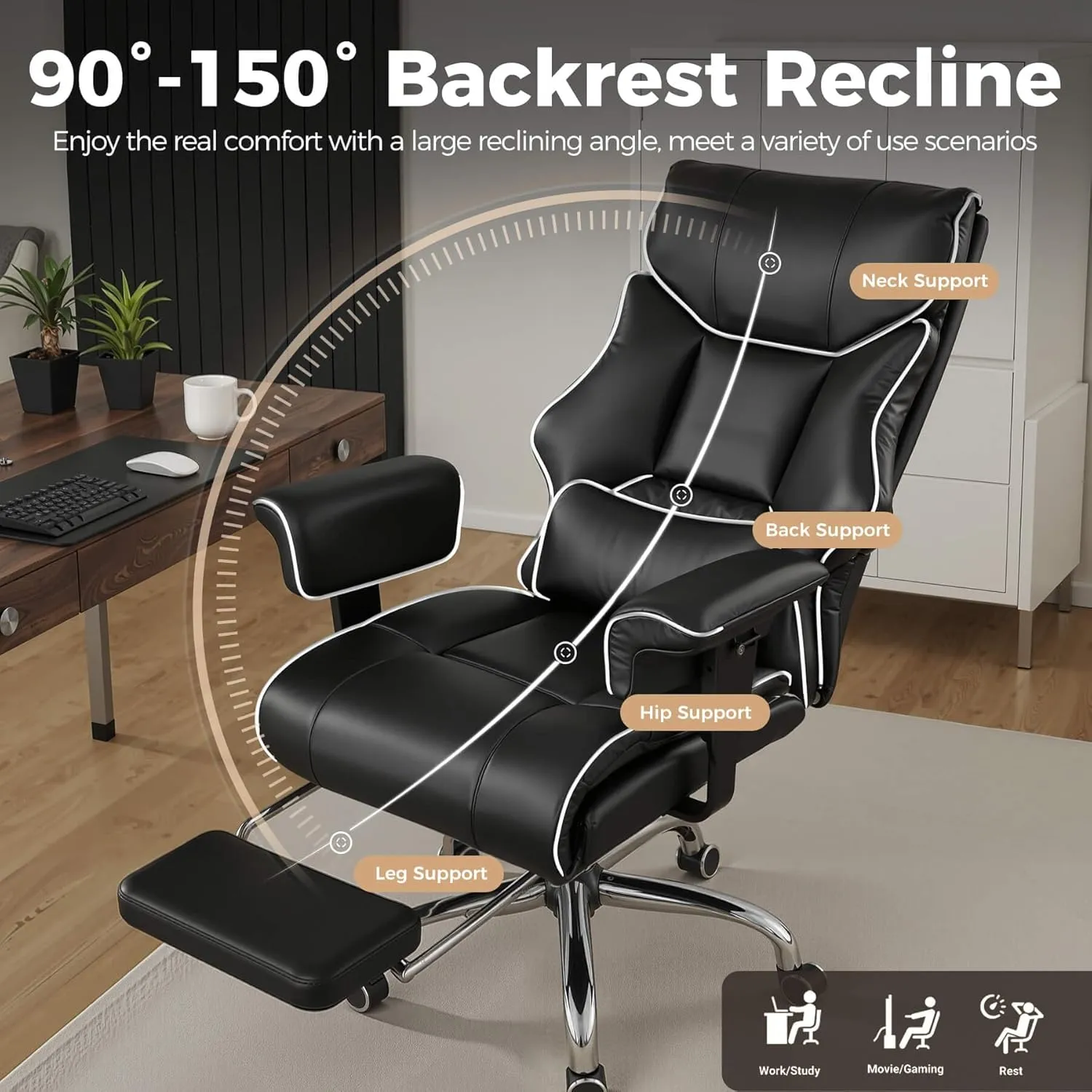 COMHOMA Big and Tall Office Chair 400lbs High Back Leather Executive Chair with Ergonomic Lumbar Support & Pocket Spring Cushion for Lower Back Pain Relief, White Black
