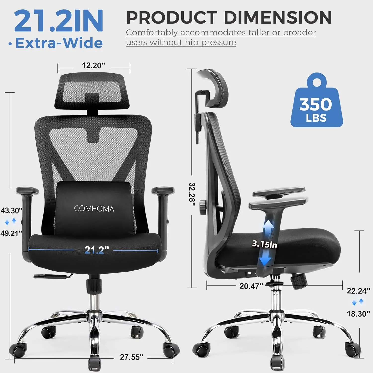 COMHOMA Office Chair Ergonomic Big and Tall Gaming Chair 350 LBS with 3D Adaptive Lumbar Support & Headrest, High Back Swivel Mesh Desk Chair Comfy for for Long Hours Work, ErgoFlex-P26, Black