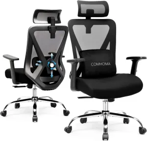 COMHOMA Office Chair Ergonomic Big and Tall Gaming Chair 350 LBS with 3D Adaptive Lumbar Support & Headrest, High Back Swivel Mesh Desk Chair Comfy for for Long Hours Work, ErgoFlex-P26, Black