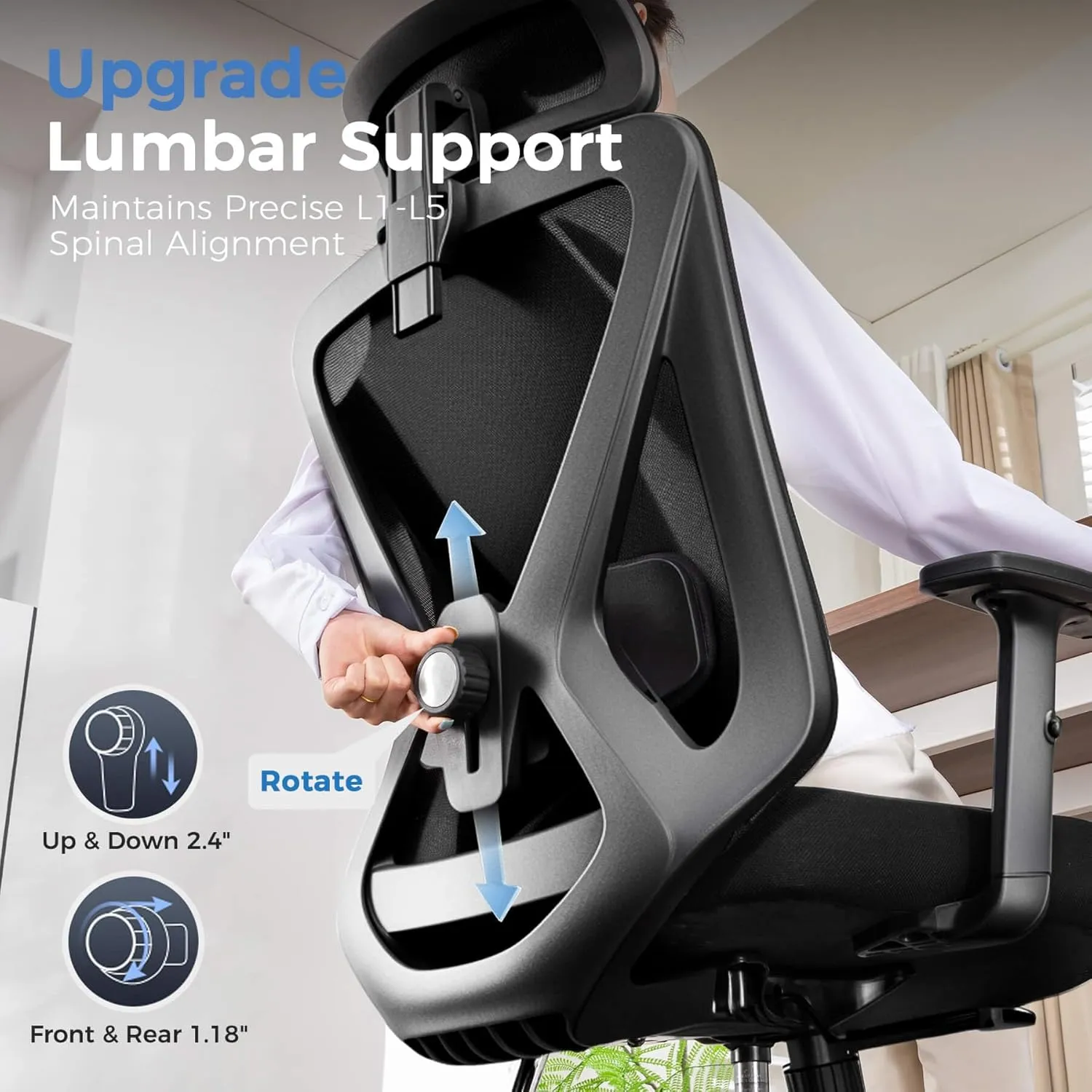 COMHOMA Office Chair Ergonomic Big and Tall Gaming Chair 350 LBS with 3D Adaptive Lumbar Support & Headrest, High Back Swivel Mesh Desk Chair Comfy for for Long Hours Work, ErgoFlex-P26, Black