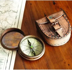 Compass Antique Brass Finish with Leather Case Green Pivot 'The Road Not Taken' Engraved | Vintage Nautical Pocket Compass for Travel, Hiking, Camping, Gifts & Collectors 3" Maritime Navigation Tool