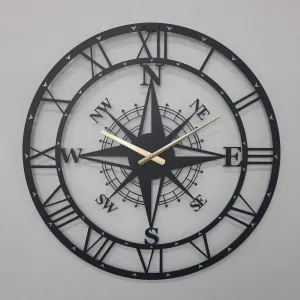 Compass Metal Wall Clock – Vintage Nautical Design, Silent Movement, Elegant Home and Office Decor, Unique Gift for Travelers and Adventurers (Black, 14" W x 14" H / 35x35 cm)