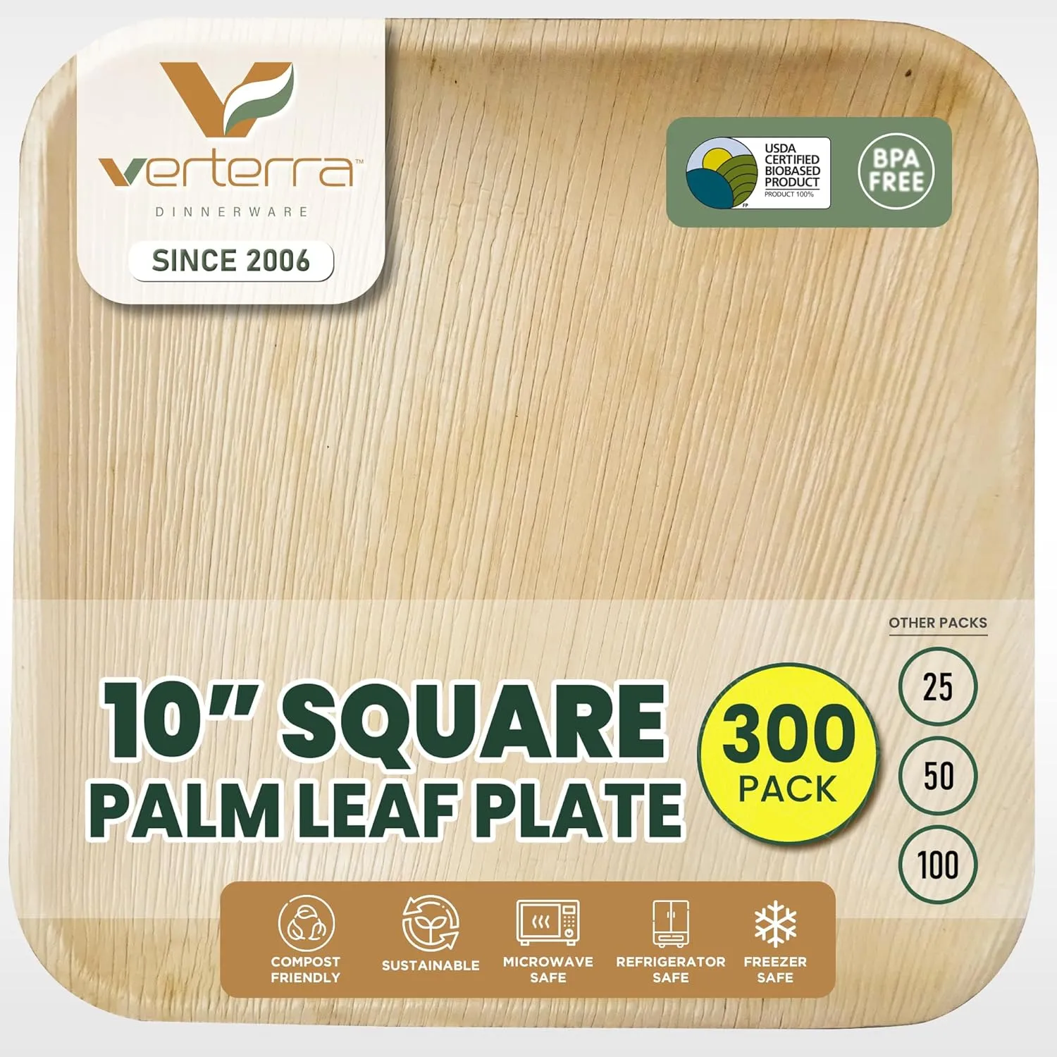 Compostable 10″ Square Palm Leaf Dinner & Appetizer Plates (300-Pack) | Bamboo-Look, All-Natural, Eco-Friendly, Biodegradable, Heavy-Duty Disposable Tableware for Weddings, Parties & Catering