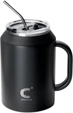 Coolplus 50 oz Mug Tumbler with Handle and Straw, Large Stainless Steel Travel Insulated Water Cup with 2-in-1 Lid, Double Wall Metal Keep Cold 36 hrs, Sweet Proof BPA-Free, Midnight Black
