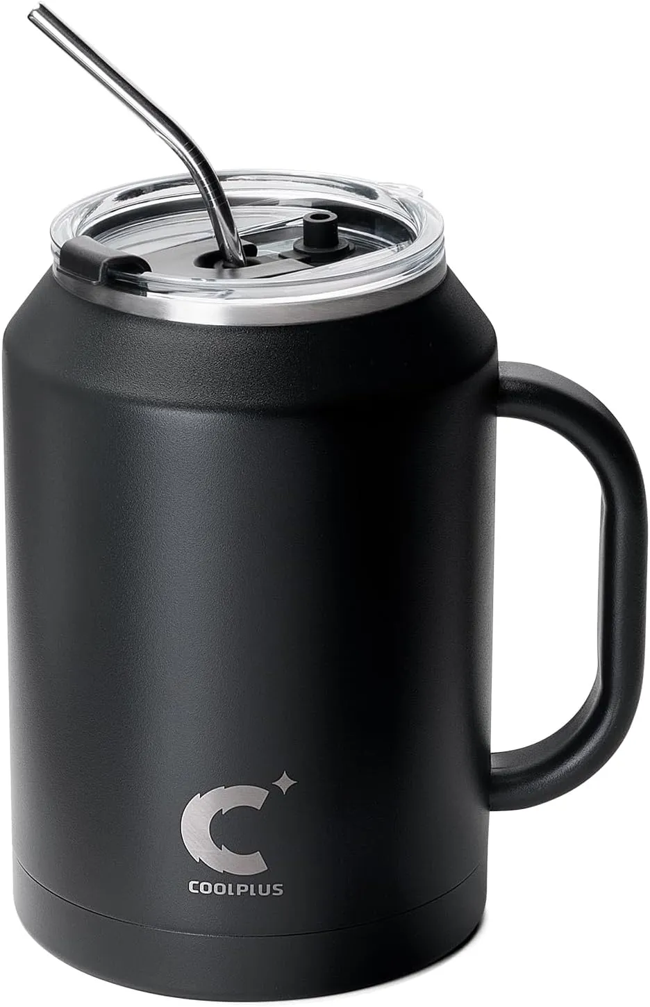 Coolplus 50 oz Mug Tumbler with Handle and Straw, Large Stainless Steel Travel Insulated Water Cup with 2-in-1 Lid, Double Wall Metal Keep Cold 36 hrs, Sweet Proof BPA-Free, Midnight Black