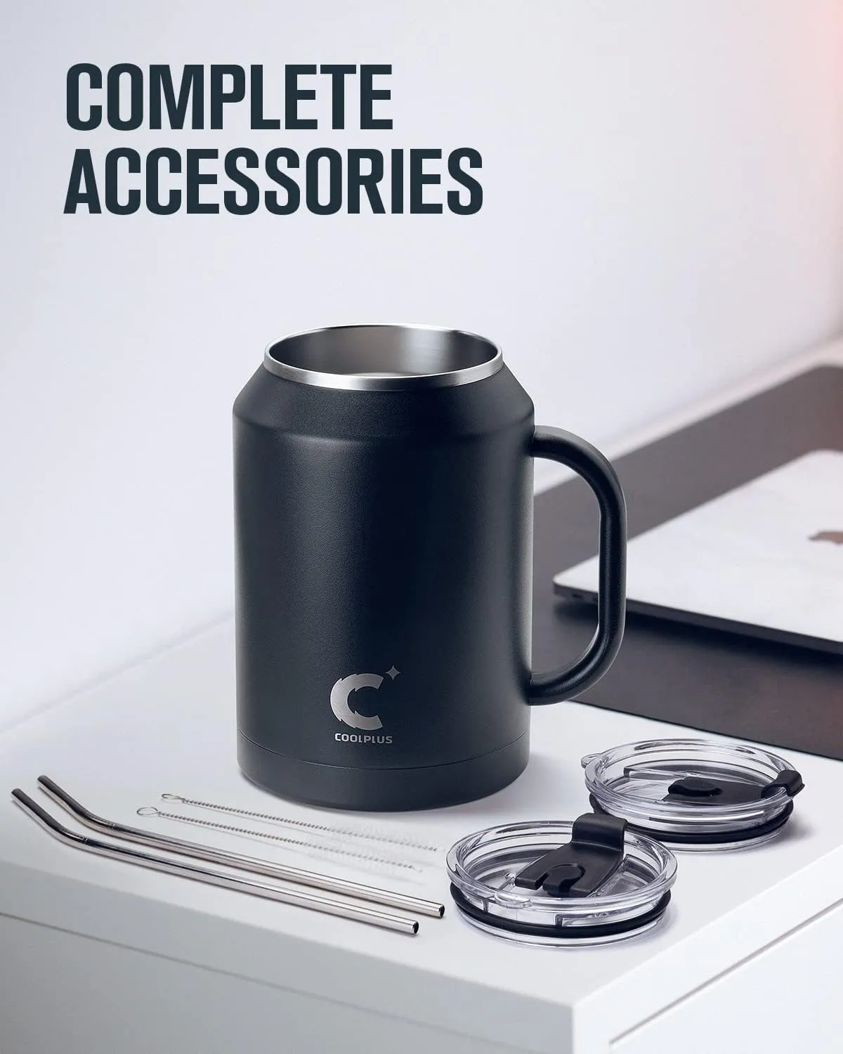 Coolplus 50 oz Mug Tumbler with Handle and Straw, Large Stainless Steel Travel Insulated Water Cup with 2-in-1 Lid, Double Wall Metal Keep Cold 36 hrs, Sweet Proof BPA-Free, Midnight Black