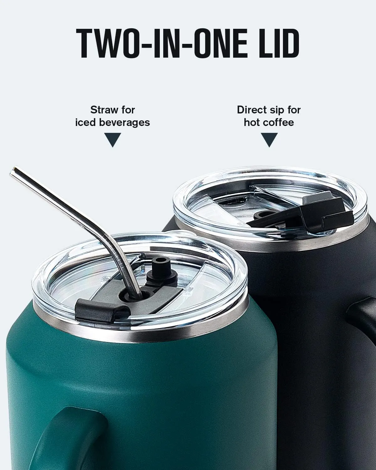Coolplus 50 oz Mug Tumbler with Handle and Straw, Large Stainless Steel Travel Insulated Water Cup with 2-in-1 Lid, Double Wall Metal Keep Cold 36 hrs, Sweet Proof BPA-Free, Midnight Black