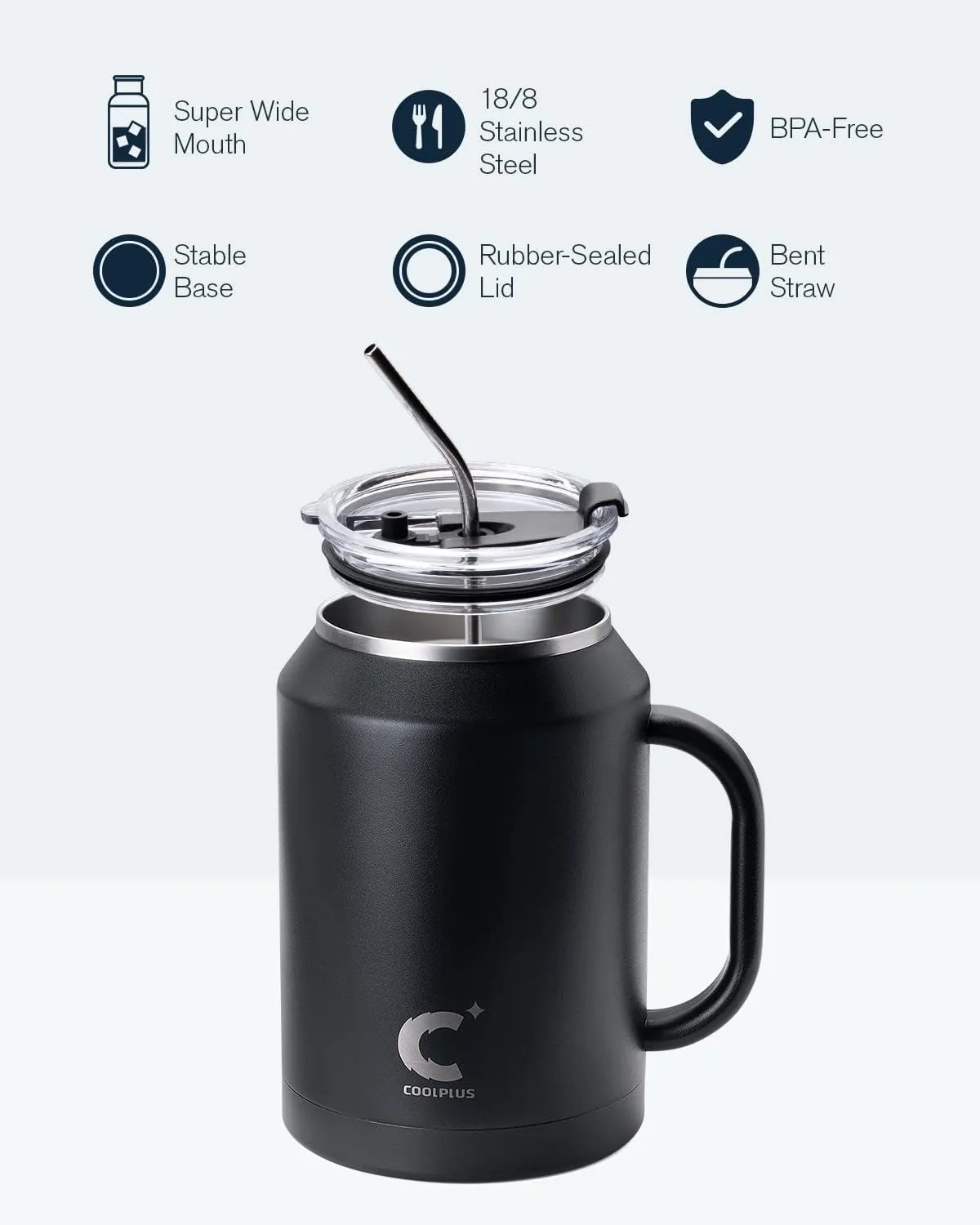 Coolplus 50 oz Mug Tumbler with Handle and Straw, Large Stainless Steel Travel Insulated Water Cup with 2-in-1 Lid, Double Wall Metal Keep Cold 36 hrs, Sweet Proof BPA-Free, Midnight Black