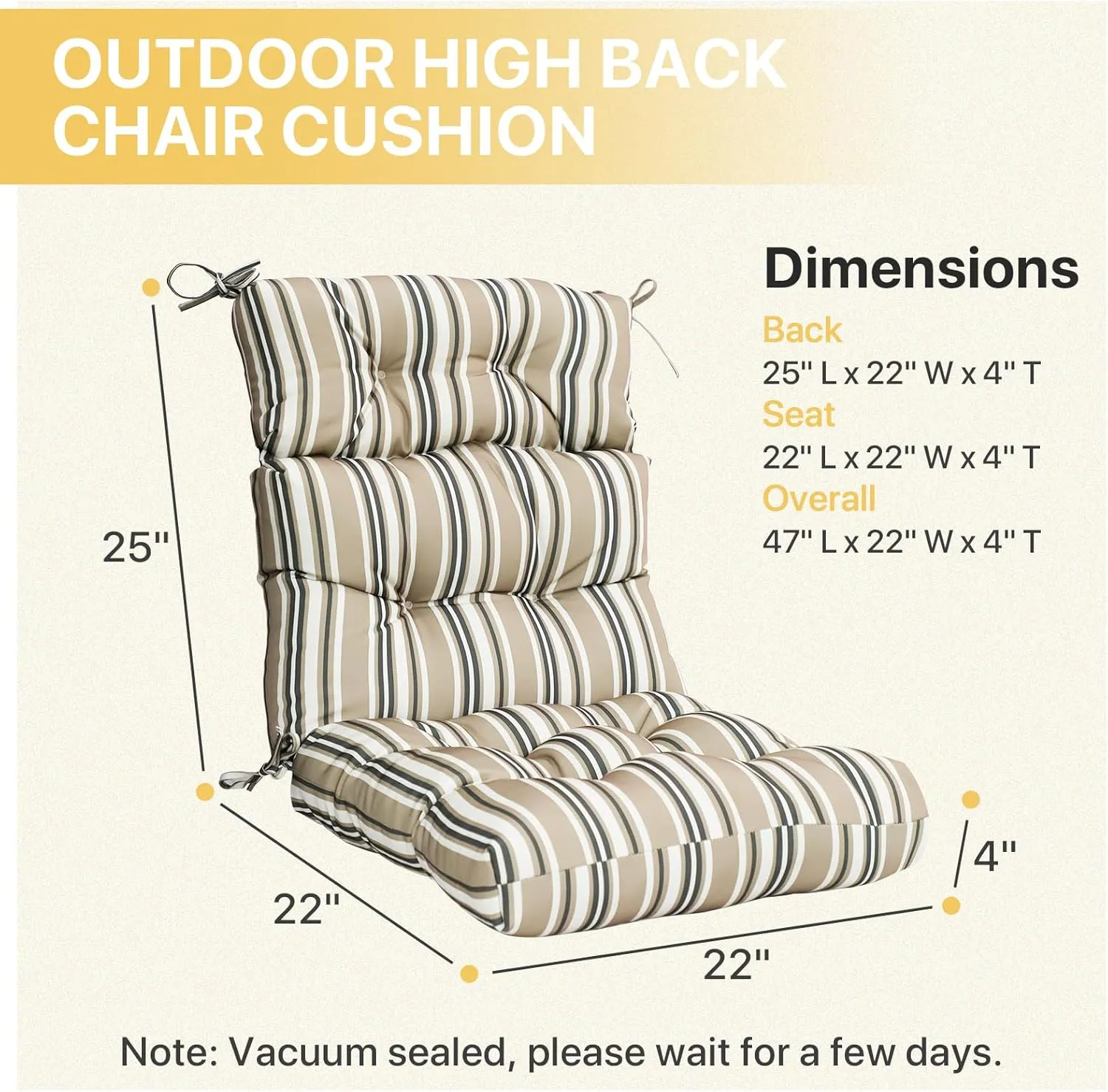 COOS BAY Outdoor/Indoor High Back Chair Cushions 46x22 Inch, Tufted Patio Seat Back Cushions, Replacement Seat Pads, 2 Count, Beige Stripes