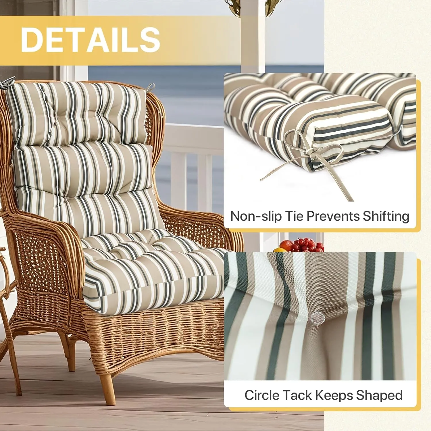 COOS BAY Outdoor/Indoor High Back Chair Cushions 46x22 Inch, Tufted Patio Seat Back Cushions, Replacement Seat Pads, 2 Count, Beige Stripes