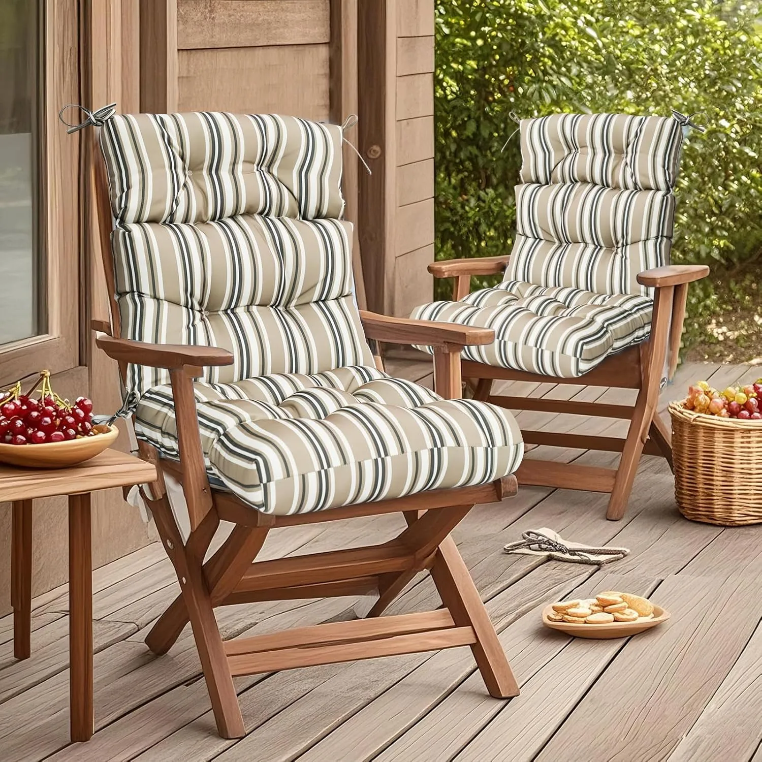 COOS BAY Outdoor/Indoor High Back Chair Cushions 46x22 Inch, Tufted Patio Seat Back Cushions, Replacement Seat Pads, 2 Count, Beige Stripes