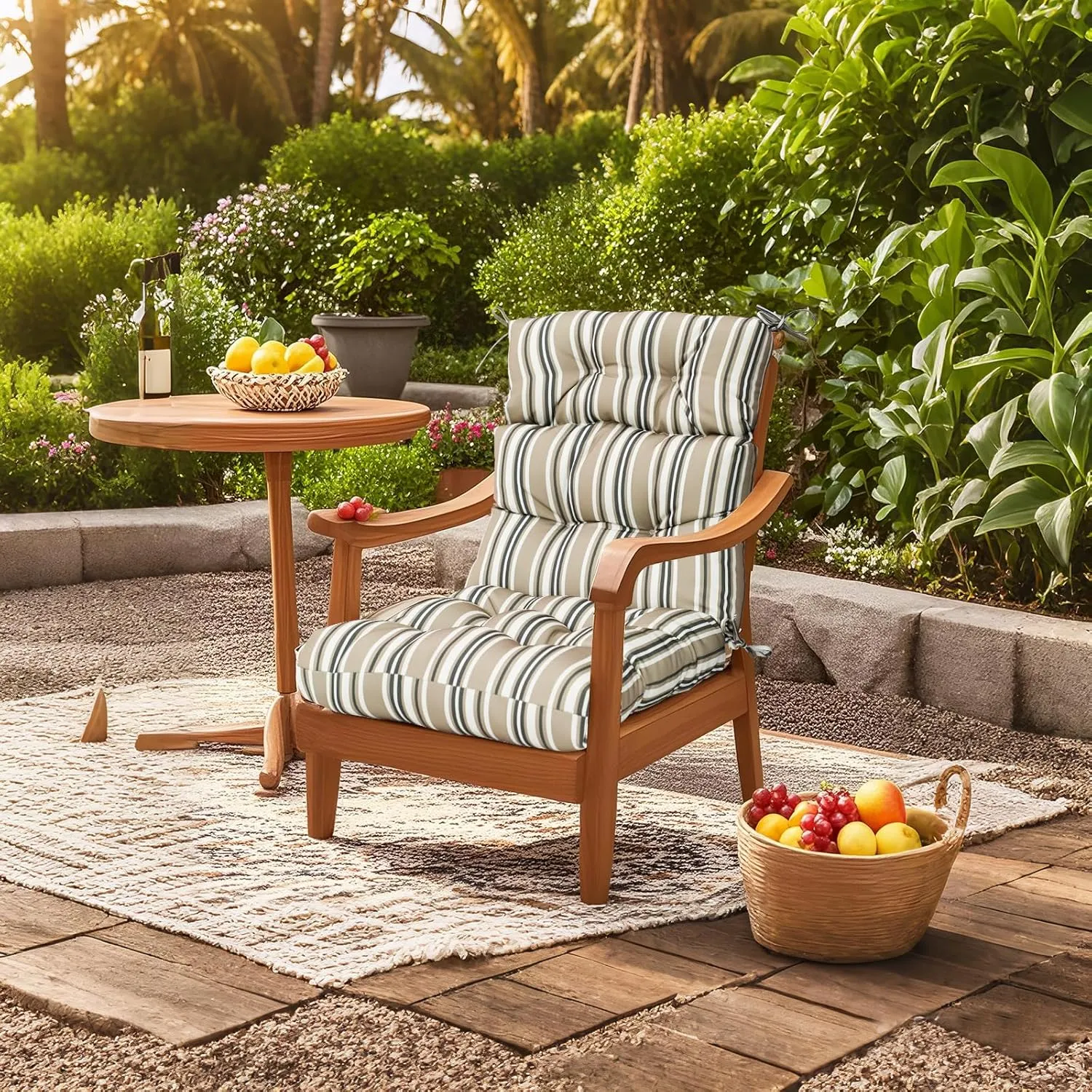 COOS BAY Outdoor/Indoor High Back Chair Cushions 46x22 Inch, Tufted Patio Seat Back Cushions, Replacement Seat Pads, 2 Count, Beige Stripes
