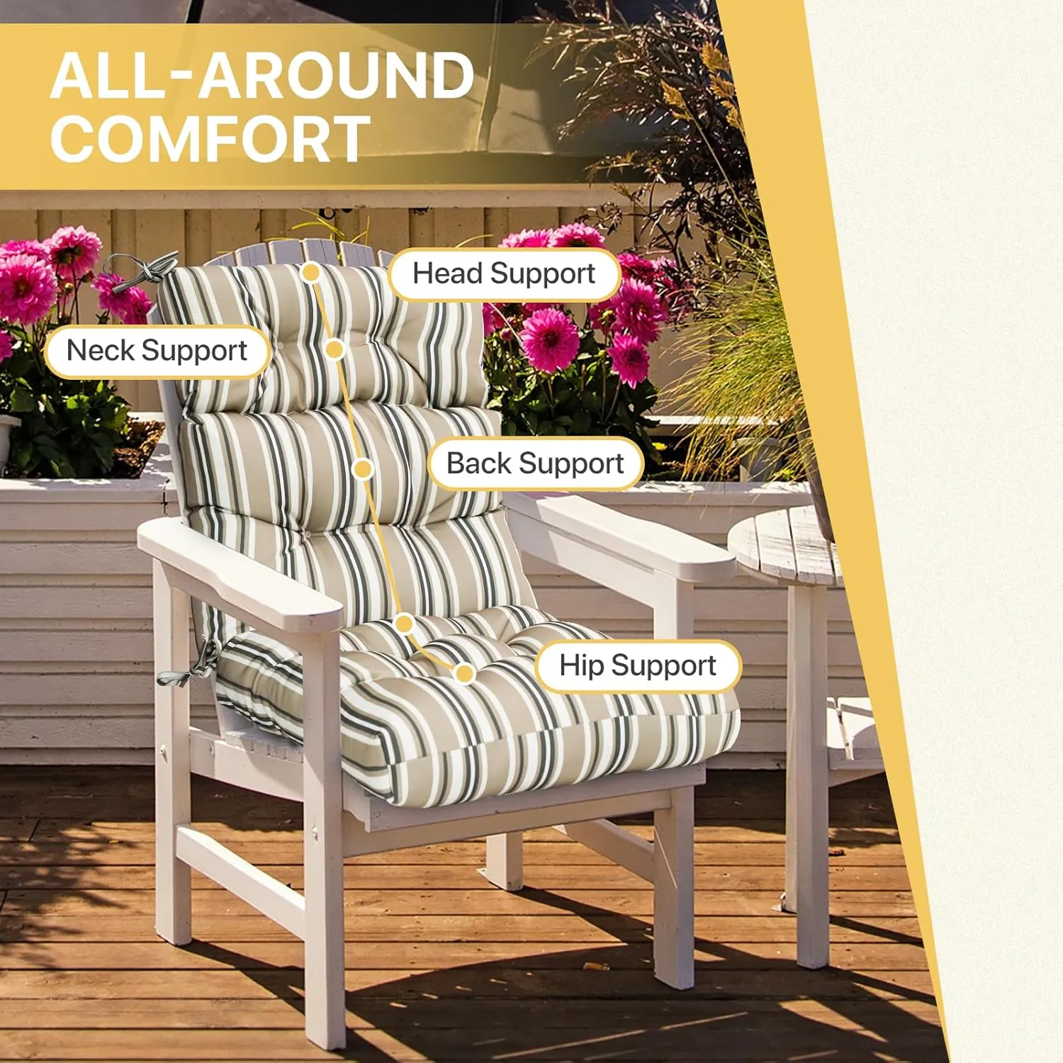 COOS BAY Outdoor/Indoor High Back Chair Cushions 46x22 Inch, Tufted Patio Seat Back Cushions, Replacement Seat Pads, 2 Count, Beige Stripes