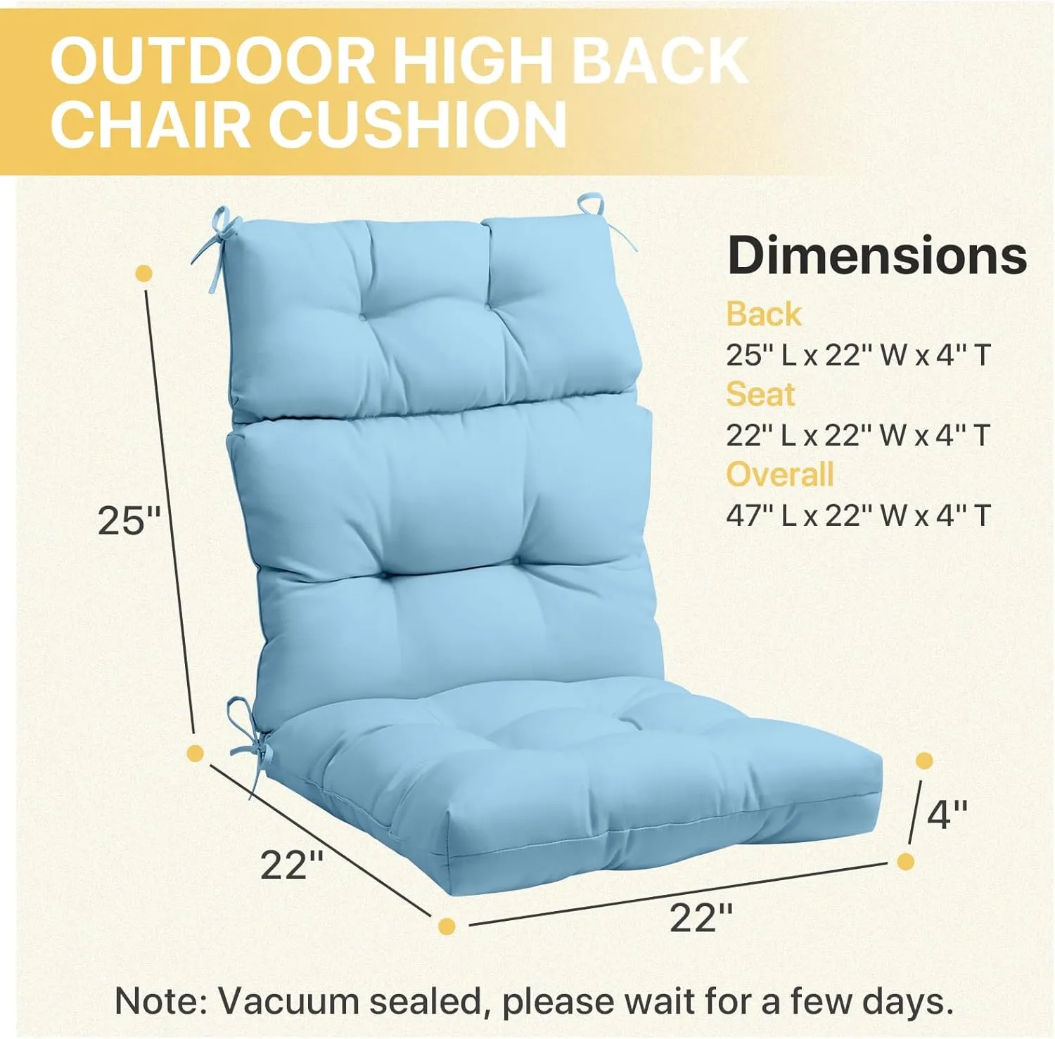 COOS BAY Outdoor/Indoor High Back Chair Cushions 46x22 Inch, Tufted Patio Seat Back Cushions, Replacement Seat Pads, 2 Count, Light Blue