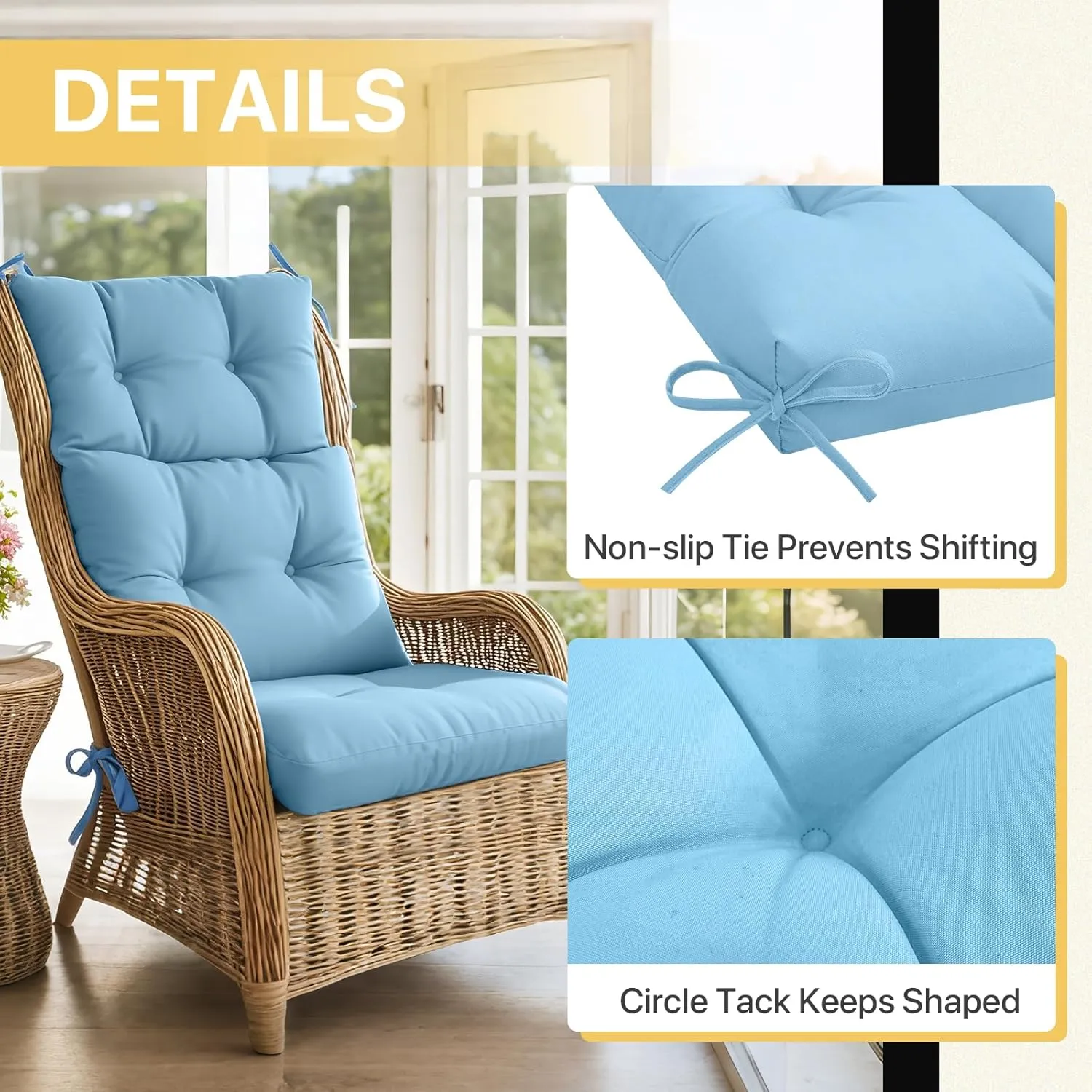 COOS BAY Outdoor/Indoor High Back Chair Cushions 46x22 Inch, Tufted Patio Seat Back Cushions, Replacement Seat Pads, 2 Count, Light Blue