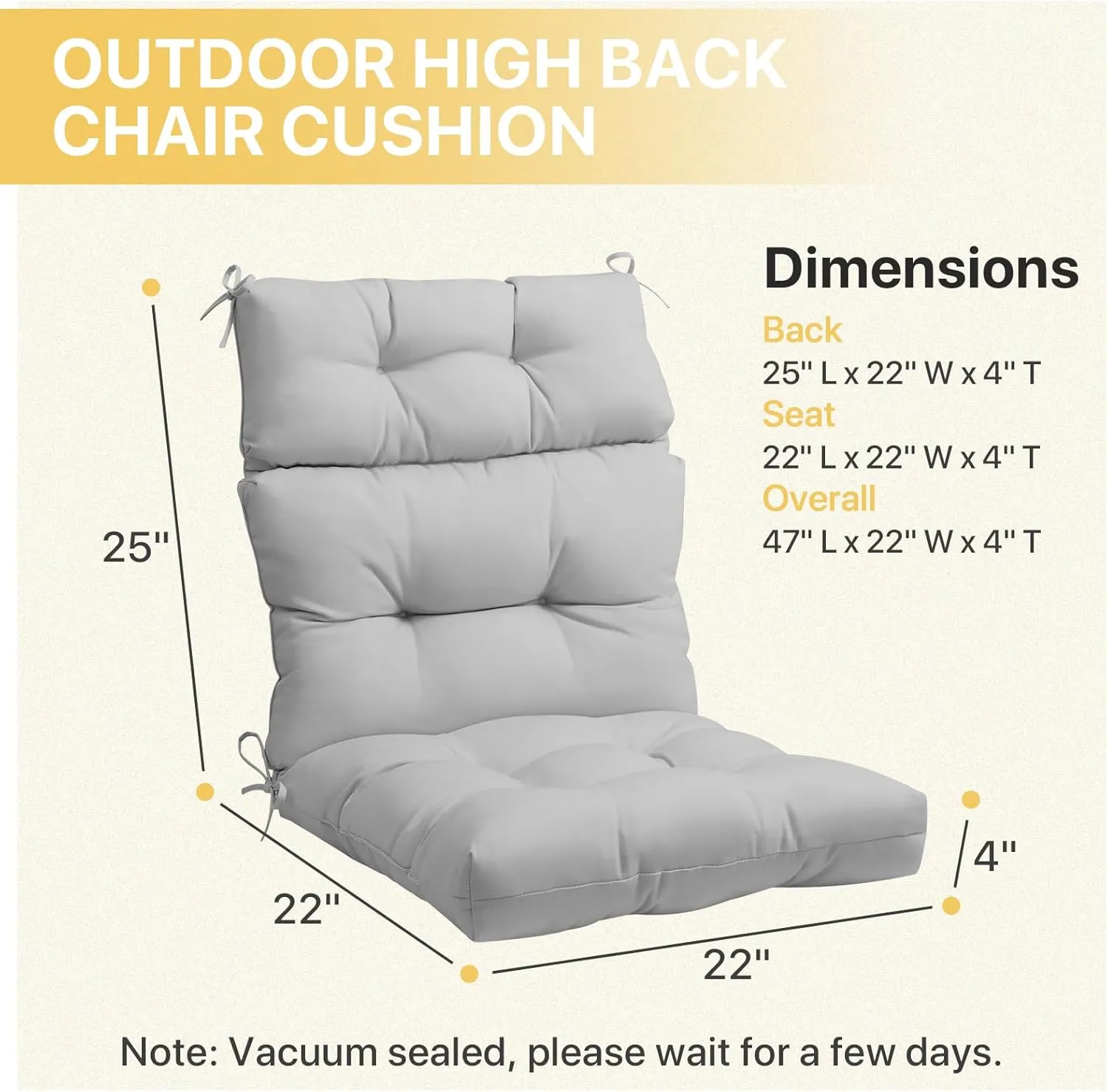 COOS BAY Outdoor/Indoor High Back Chair Cushions 46x22 Inch, Tufted Patio Seat Back Cushions, Replacement Seat Pads, 2 Count, Light Gray