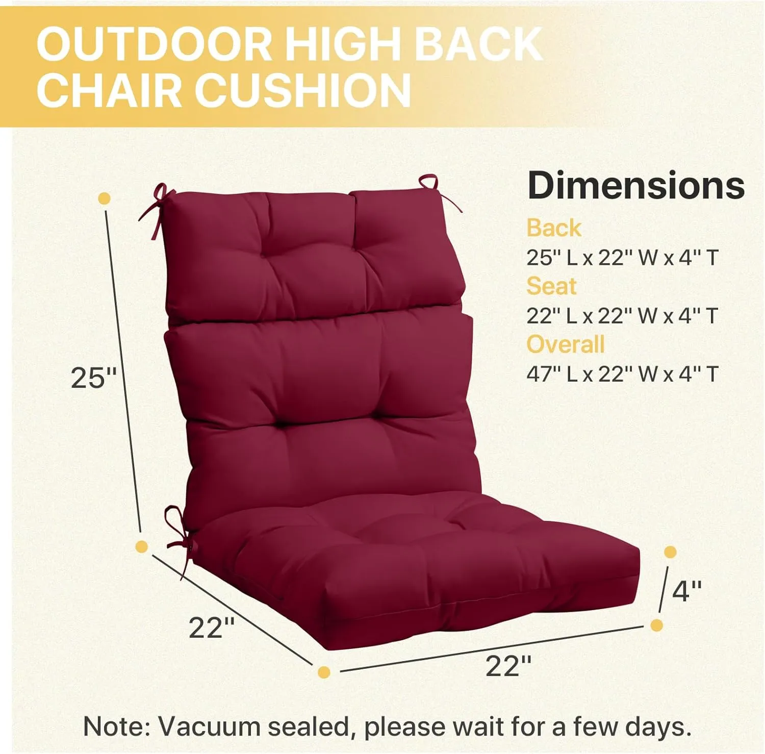 COOS BAY Outdoor/Indoor High Back Chair Cushions 46x22 Inch, Tufted Patio Seat Back Cushions, Replacement Seat Pads, 2 Count, Red Purple