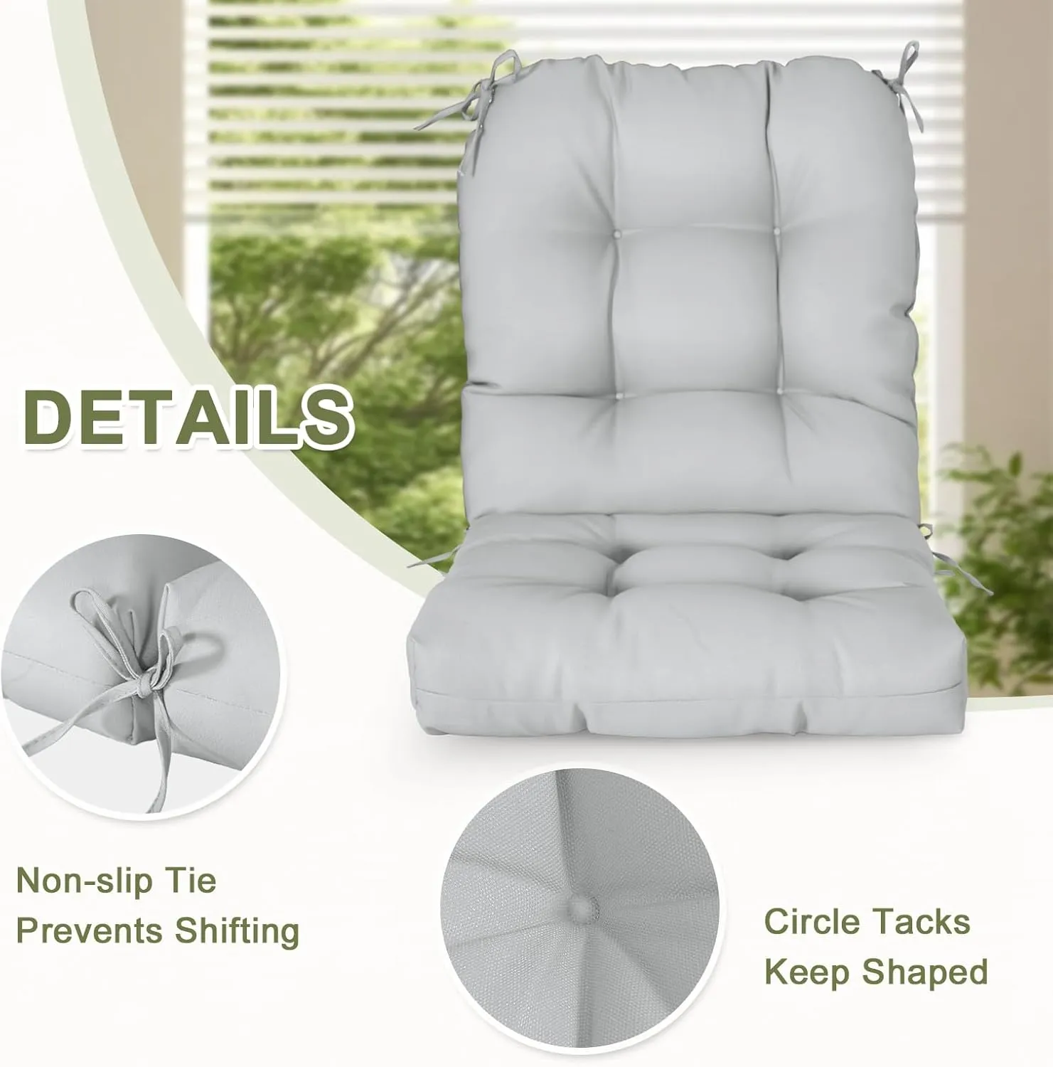 COOS BAY Tufted High Back Chair Cushions 42x21 Inch, Outdoor/Indoor Patio Chair Cushions for Patio Furniture, Water Resistant Rocker Seat Pads, 2 Count, Light Gray