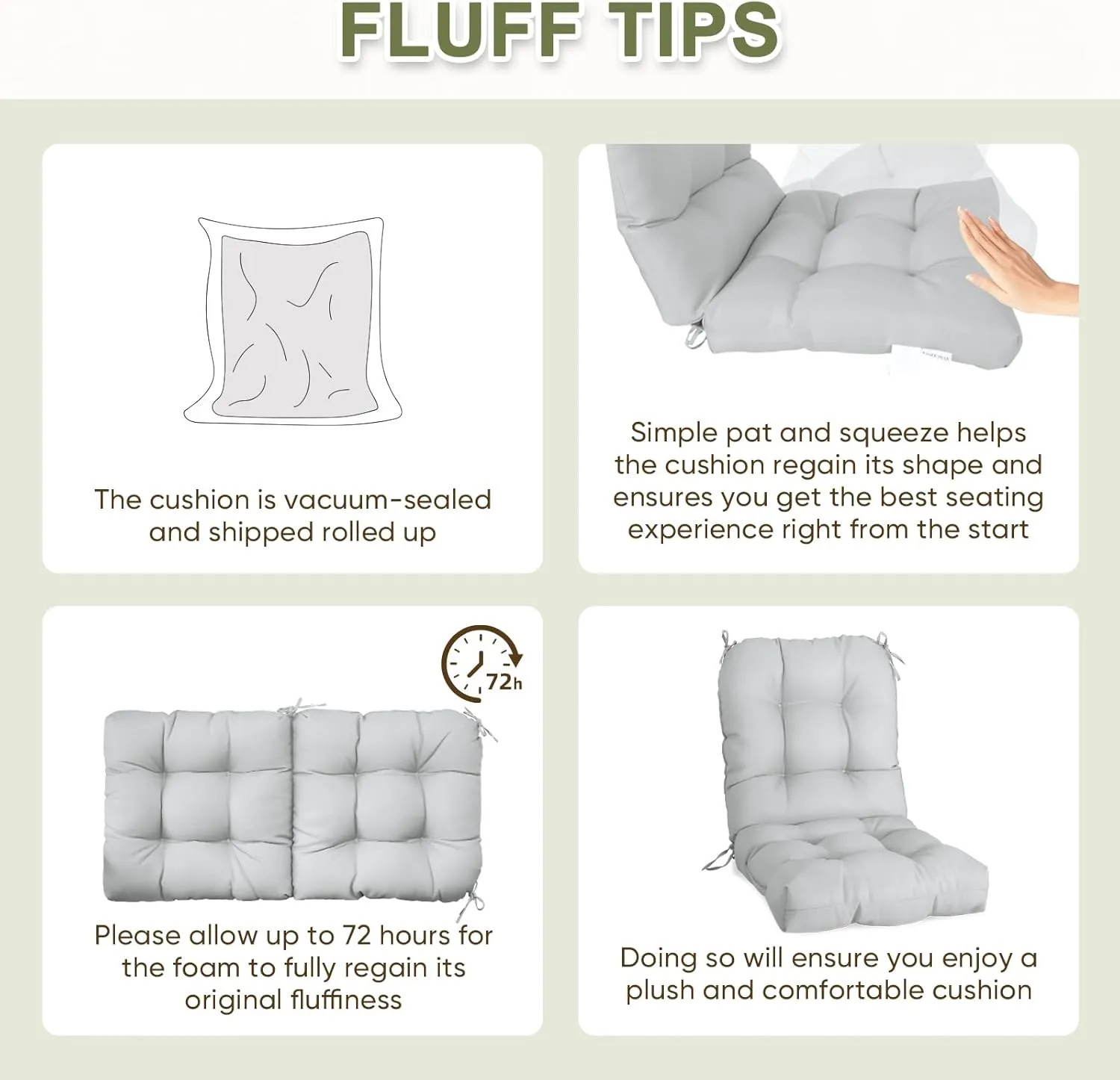 COOS BAY Tufted High Back Chair Cushions 42x21 Inch, Outdoor/Indoor Patio Chair Cushions for Patio Furniture, Water Resistant Rocker Seat Pads, 2 Count, Light Gray