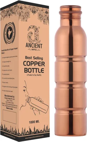 Copper Bottle with Easy Grip 1000mL (33.84 US FL Oz) Capacity for Ayurveda Health Benefits made of Pure Copper, Unlined, Uncoated and Non-Lacquered