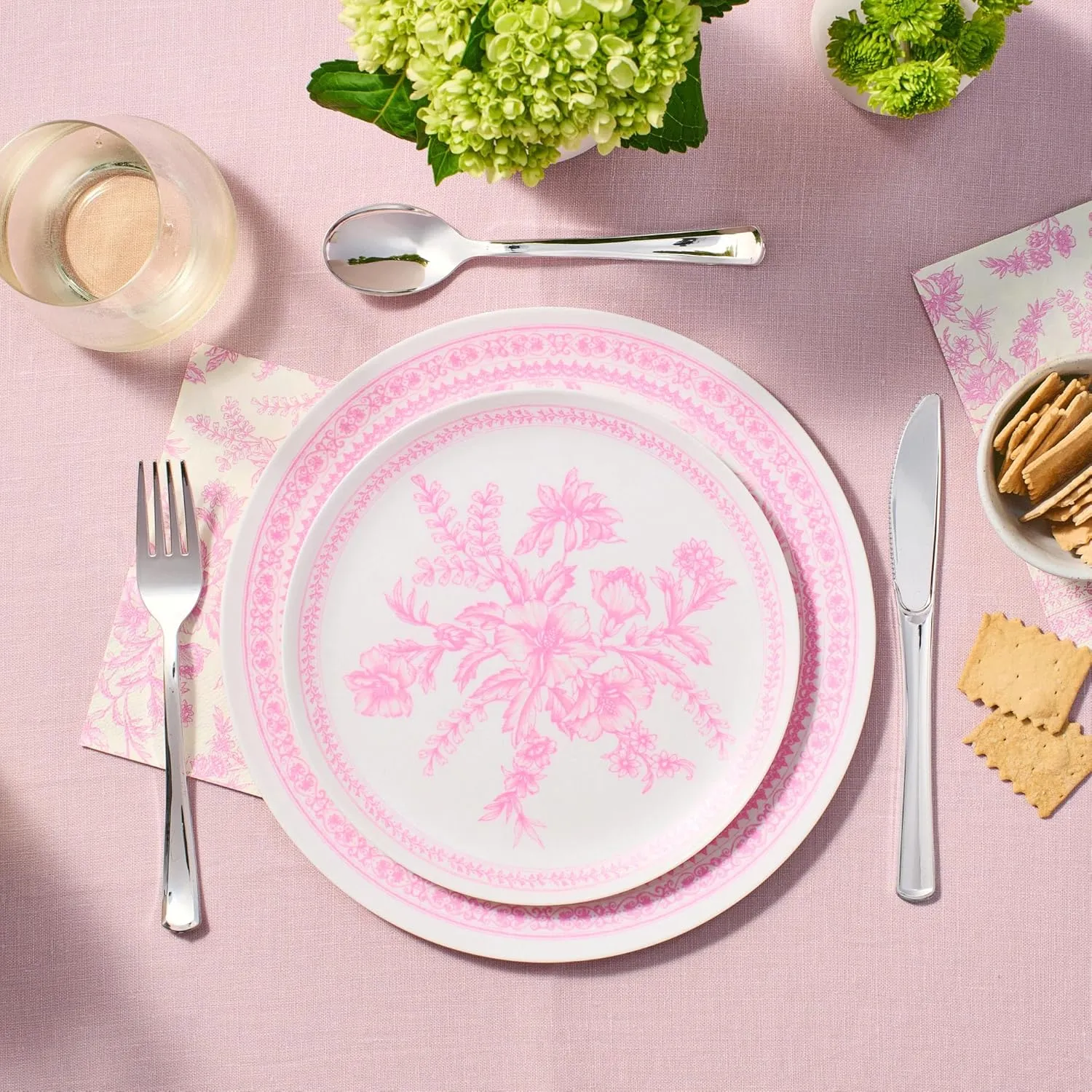 Coterie Bamboo Pink Toile Large Plates - 10" Reusable & Eco-Friendly (4-Pack) | Sturdy, Elegant & Durable for Meals, Snacks & Desserts | Premium Tableware for Gatherings