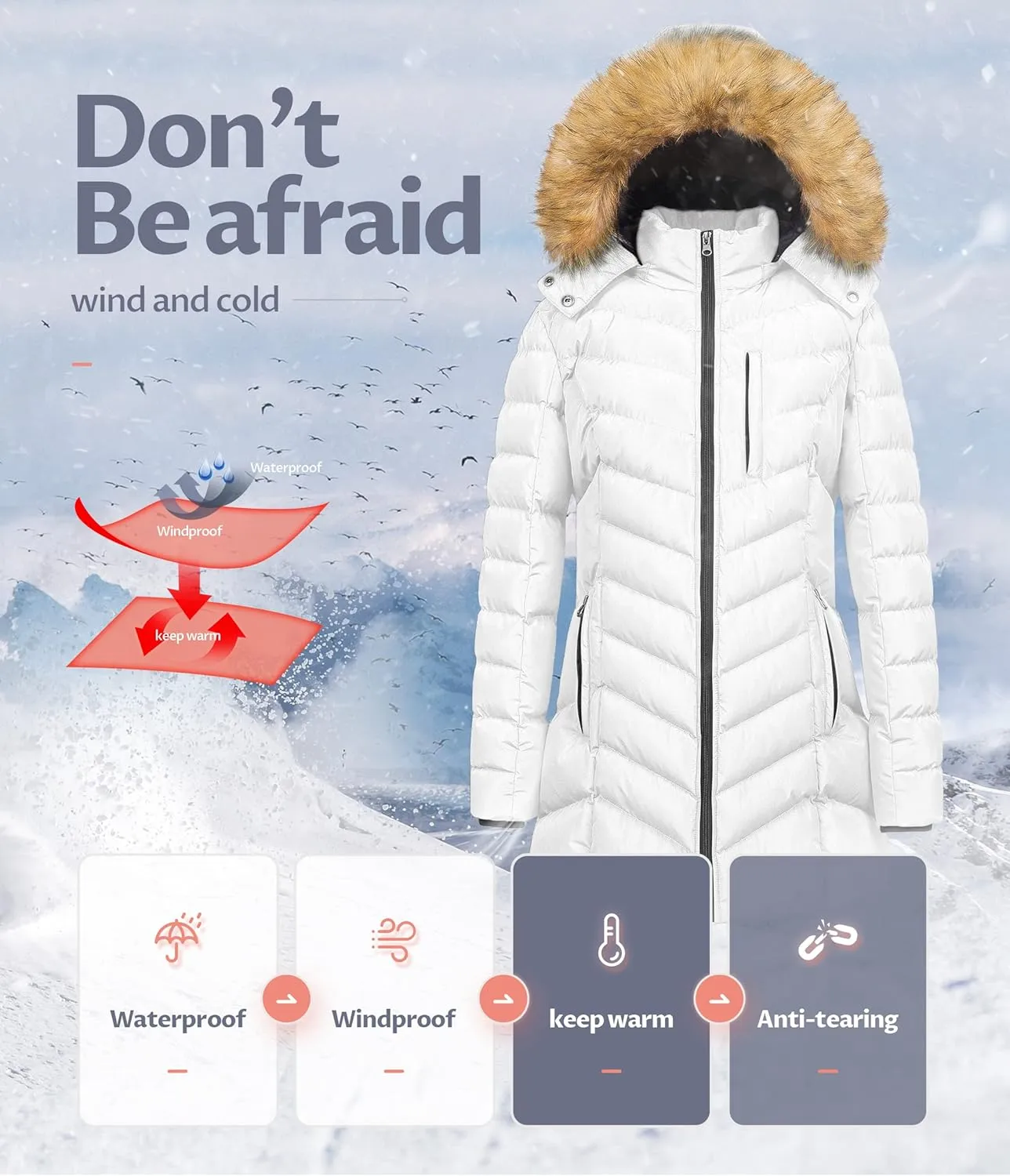 CREATMO US Women's Winter Hooded Coat Waterproof Warm Long Puffer Jacket Parka