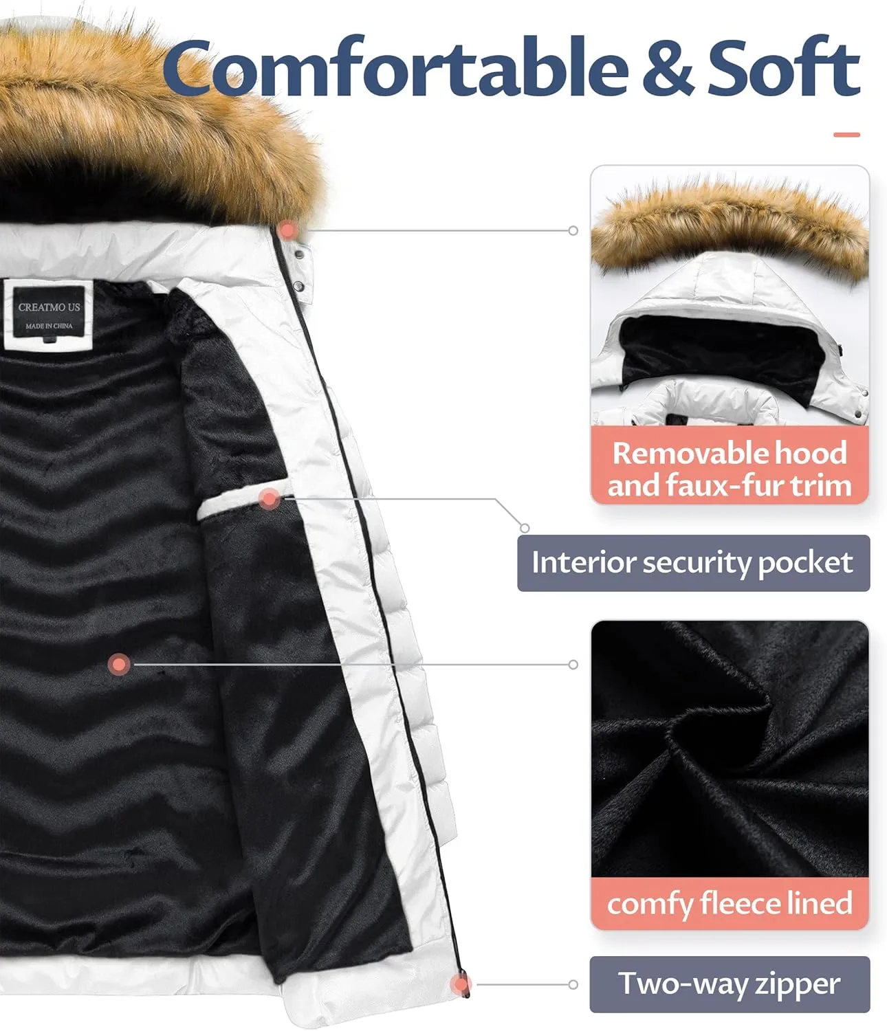 CREATMO US Women's Winter Hooded Coat Waterproof Warm Long Puffer Jacket Parka