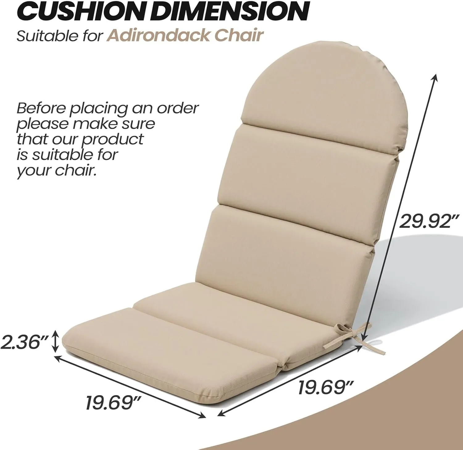 Crestlive Products Adirondack Chair Cushion, Outdoor Rocking Chair Cushion Waterproof Fade Resistant 50x19.6x2.3 Inch High Back Patio Replacement Cushion Beige