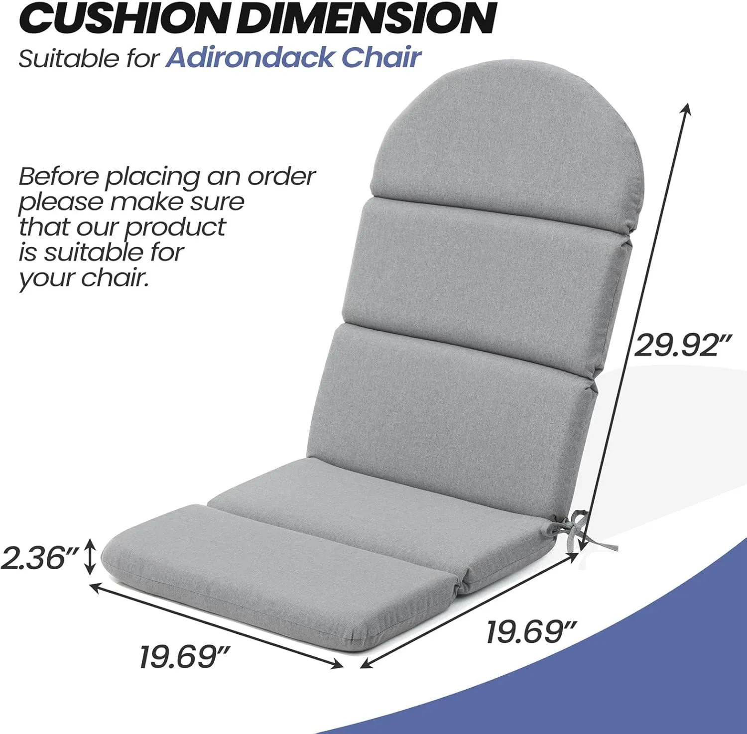 Crestlive Products Adirondack Chair Cushion, Outdoor Rocking Chair Cushion Waterproof Fade Resistant 50x19.6x2.3 Inch, High Back Patio Replacement Cushion Light Gray