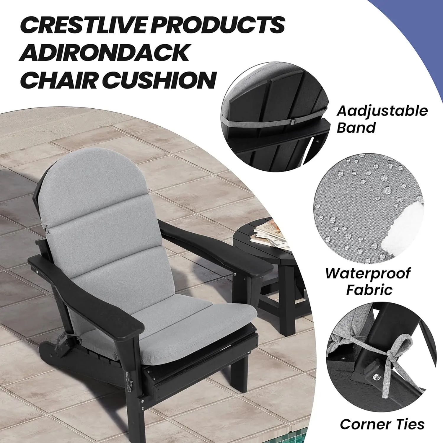 Crestlive Products Adirondack Chair Cushion, Outdoor Rocking Chair Cushion Waterproof Fade Resistant 50x19.6x2.3 Inch, High Back Patio Replacement Cushion Light Gray