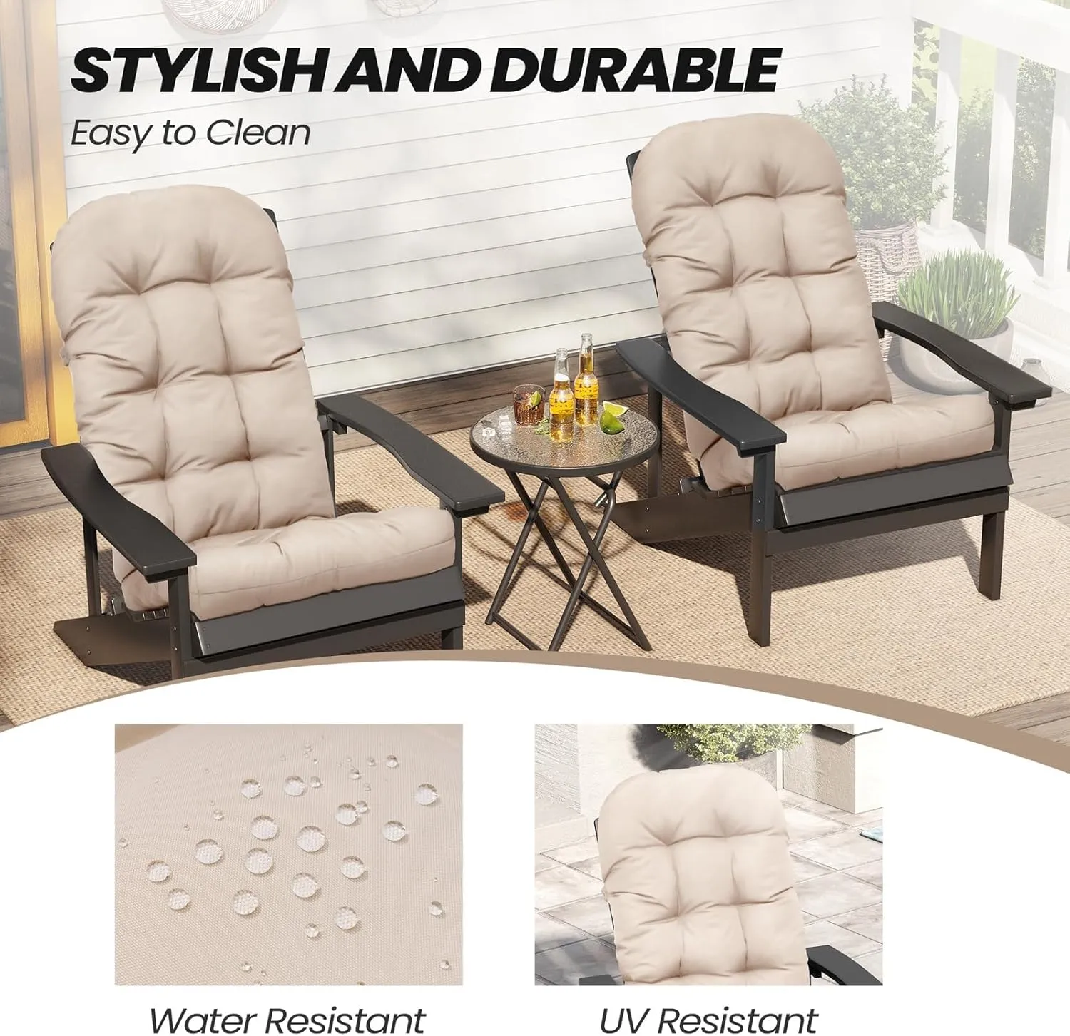Crestlive Products Adirondack Chair Cushion, Outdoor Rocking Chair Cushions Waterproof Fade Resistant 50x20x4 Inch High Back Patio Chair Cushions Set of 2, Replacement Cushions Beige