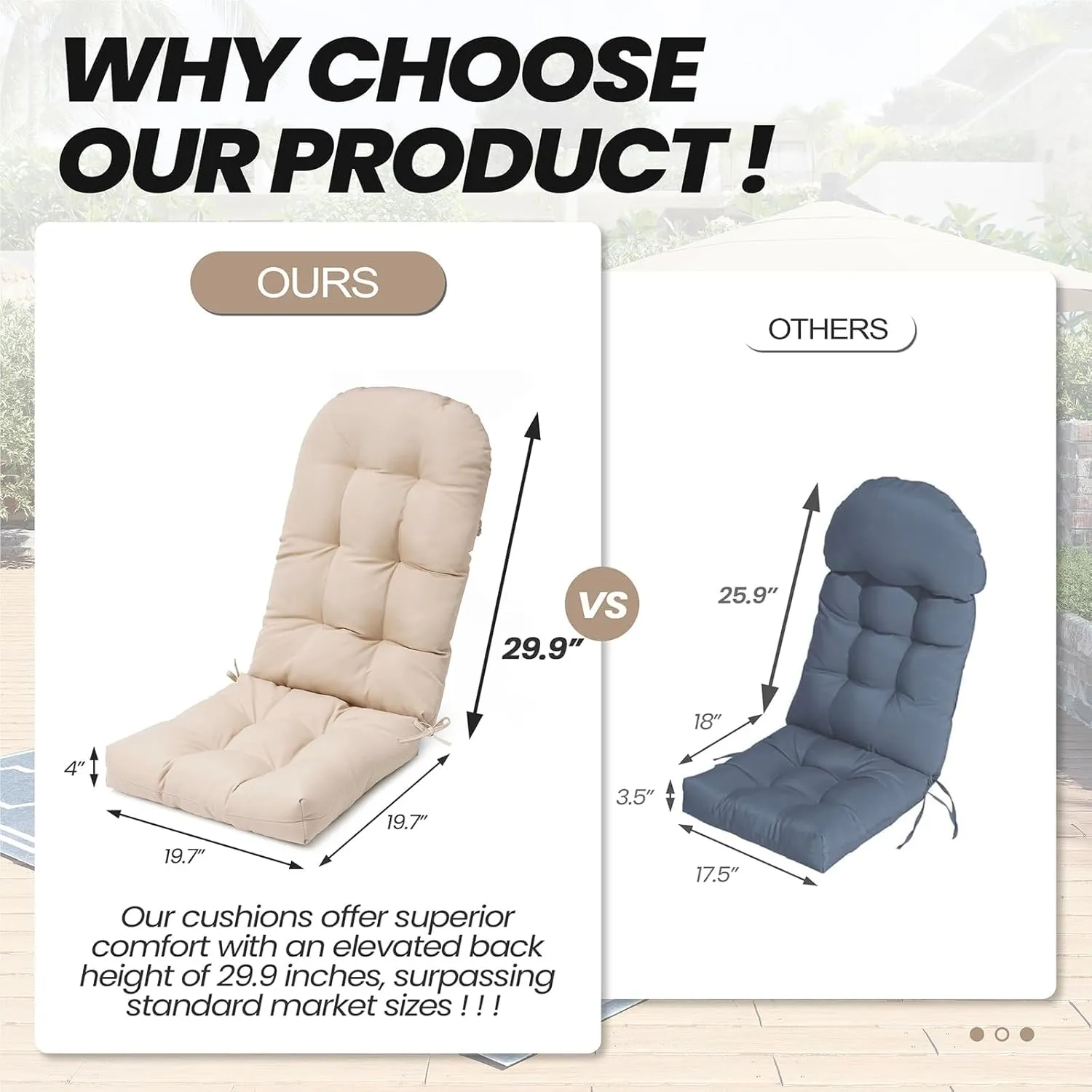 Crestlive Products Adirondack Chair Cushion, Outdoor Rocking Chair Cushions Waterproof Fade Resistant 50x20x4 Inch High Back Patio Chair Cushions Set of 2, Replacement Cushions Beige