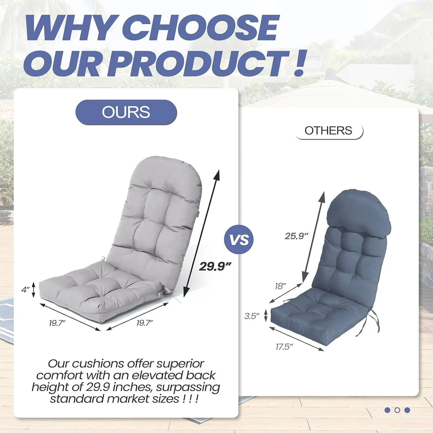 Crestlive Products Adirondack Chair Cushion, Outdoor Rocking Chair Cushions Waterproof Fade Resistant 50x20x4 Inch High Back Patio Chair Cushions Set of 2, Thick Patio Replacement Cushions Light Gray