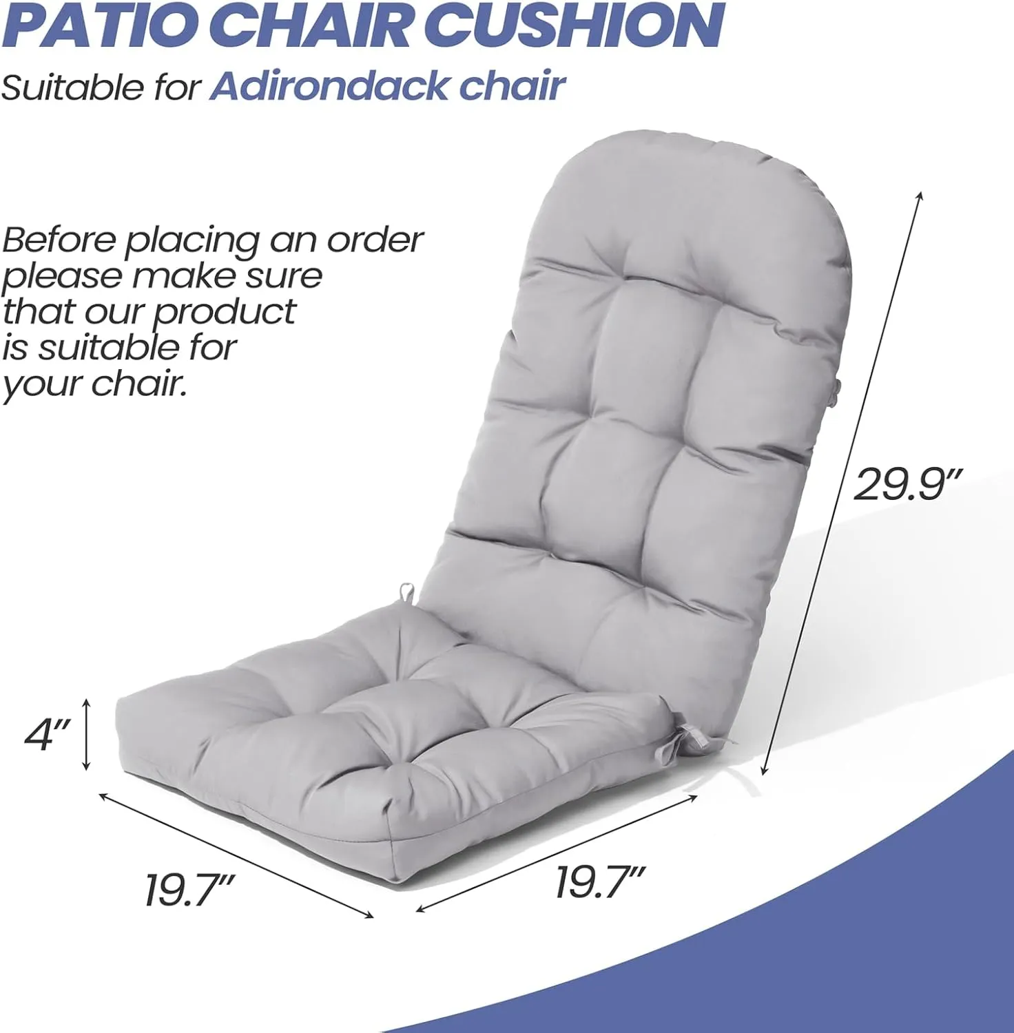 Crestlive Products Adirondack Chair Cushion, Outdoor Rocking Chair Cushions Waterproof Fade Resistant 50x20x4 Inch High Back Patio Chair Cushions Set of 2, Thick Patio Replacement Cushions Light Gray