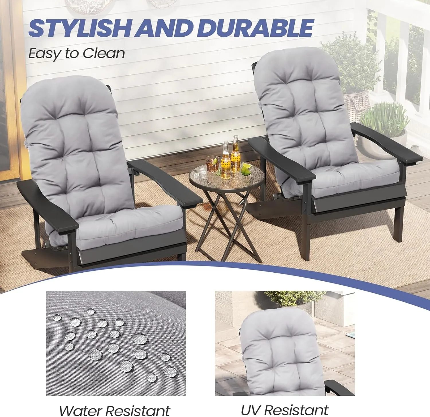 Crestlive Products Adirondack Chair Cushion, Outdoor Rocking Chair Cushions Waterproof Fade Resistant 50x20x4 Inch High Back Patio Chair Cushions Set of 2, Thick Patio Replacement Cushions Light Gray