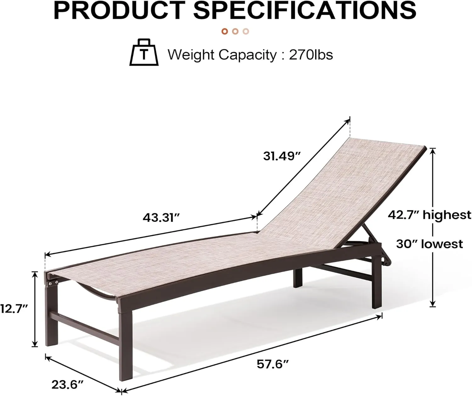 Crestlive Products Outdoor Lounge Chairs, Aluminum Pool Chaise Lounge Chairs, Adjustable Five-Position Tanning Recliner, All Weather for Patio, Beach, Yard, Pool (1PC Beige)