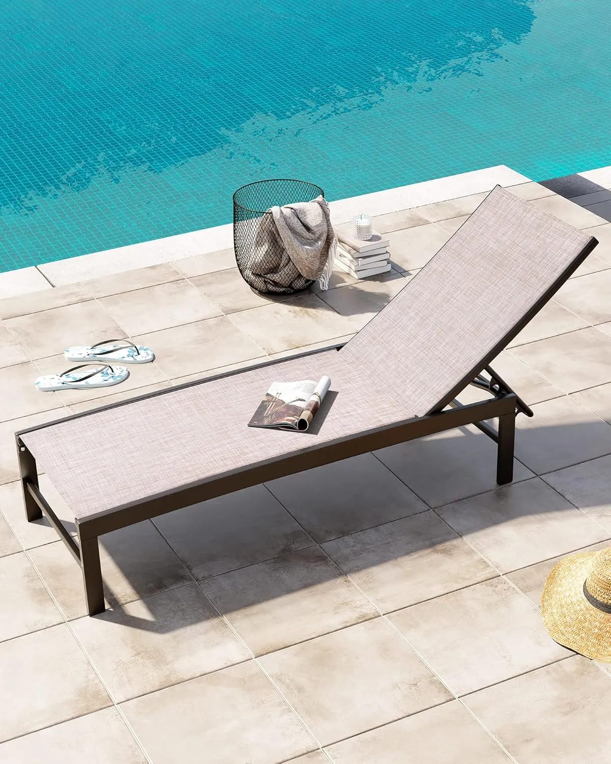 Crestlive Products Outdoor Lounge Chairs, Aluminum Pool Chaise Lounge Chairs, Adjustable Five-Position Tanning Recliner, All Weather for Patio, Beach, Yard, Pool (1PC Beige)