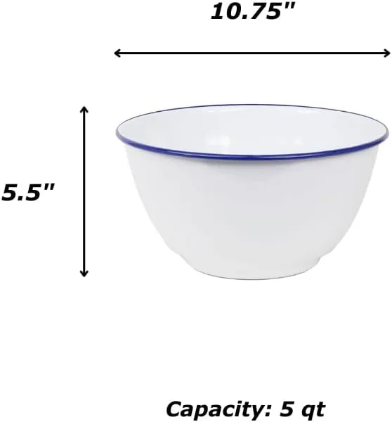 Crow Canyon Home Enamelware Salad Bowl, 5 quart, Vintage White/Grey Rim