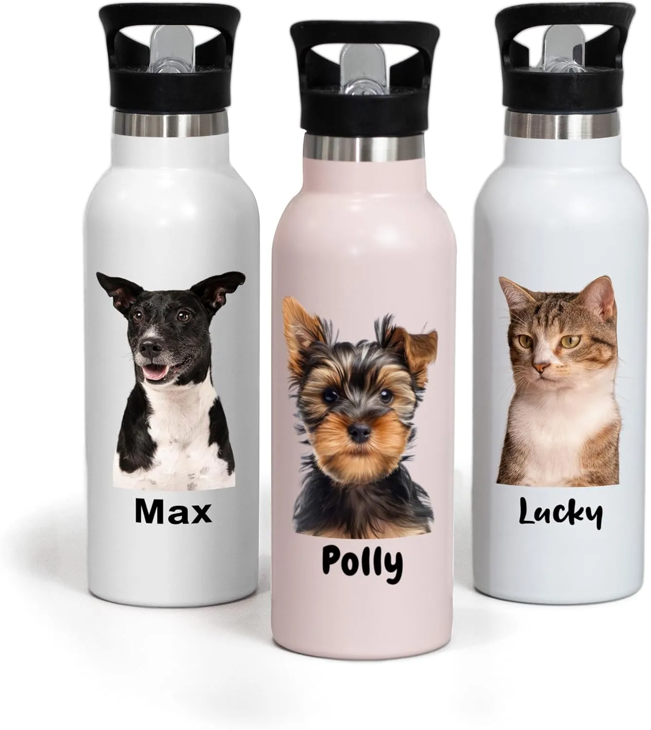 Custom pet Picture Water Bottle with lid, Insulated Stainless Steel 500ml Personalized Photo Portrait Thermo Cup for Animal Lovers, Drinking Glass for cat mom & Dog dad pet Loss Memorial Gift