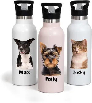 Custom pet Picture Water Bottle with lid, Insulated Stainless Steel 500ml Personalized Photo Portrait Thermo Cup for Animal Lovers, Drinking Glass for cat mom & Dog dad pet Loss Memorial Gift