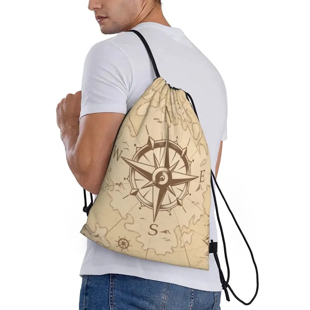 Custom Vintage Pirate's Map Drawstring Backpack Women Men Sport Gym Sackpack Foldable Nautical Compass Sailor Training Bag Sack